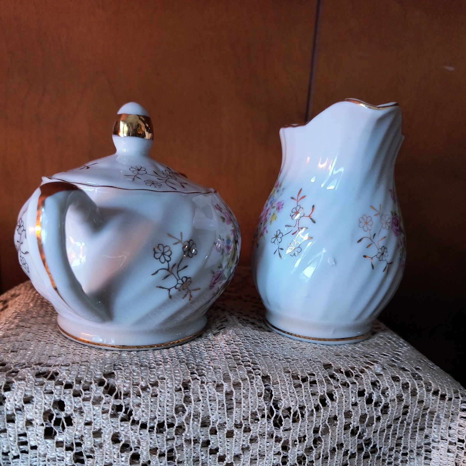 Vintage Pink Floral Porcelain Lidded Sugar Bowl and Creamer Swirled Cottagecore