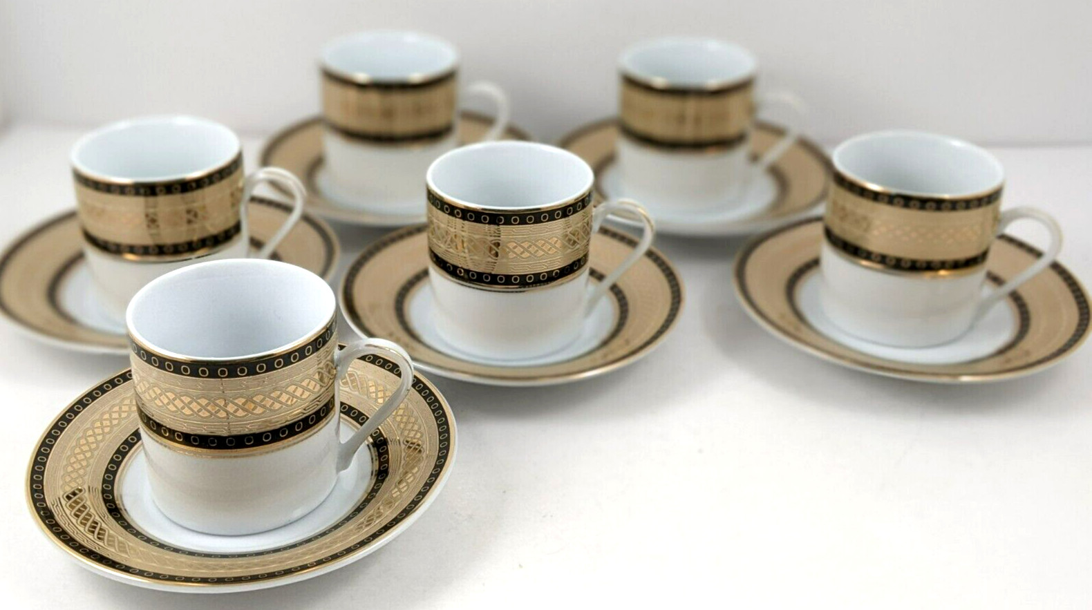 Nour Black Gold Porcelain Demitasse Cups And Saucers Twelve Piece Set