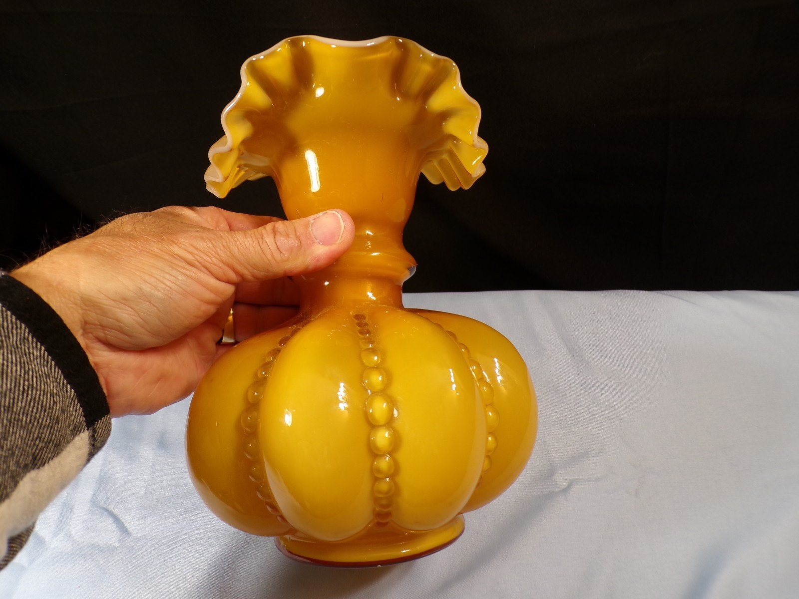 HTF Fenton Gold Overlay Cased Glass Large Beaded Melon Pitcher 7 7/8″ Tall