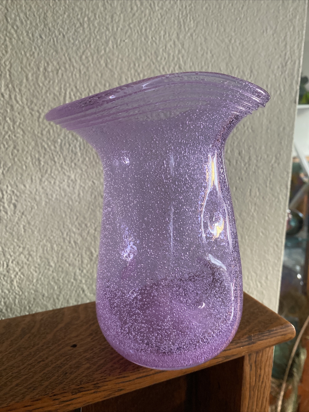 Hand Blown 6” Alexandrite Bubble Glass Vase Pinched Sides Flared Threaded Rim