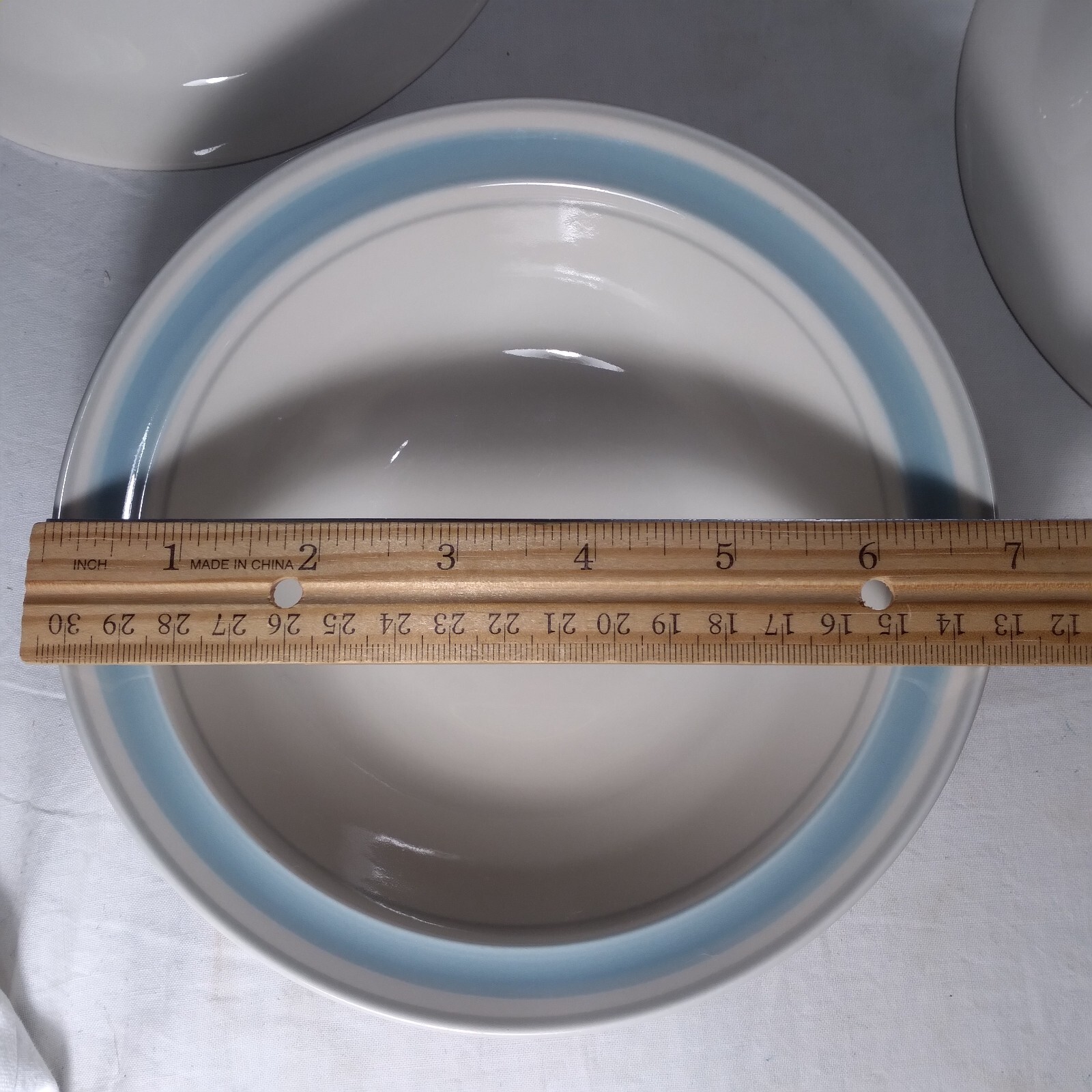 Stoneware Cereal Bowls Beige Blue Stripe 7″ set of 5