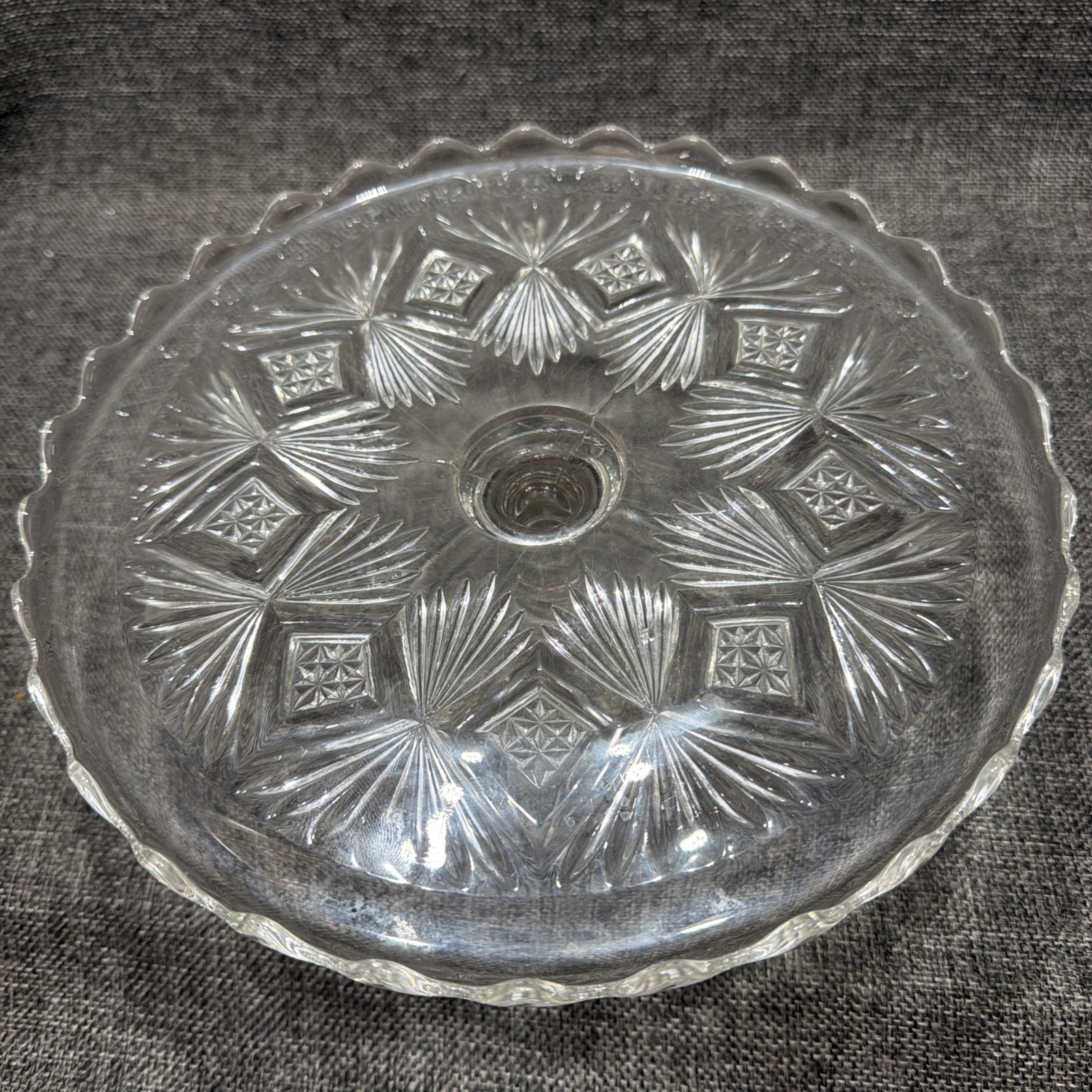 EAPG Bryce Higbee Melrose Cake Stand Sheaf and Diamond Clear Glass 1894 UV Glow