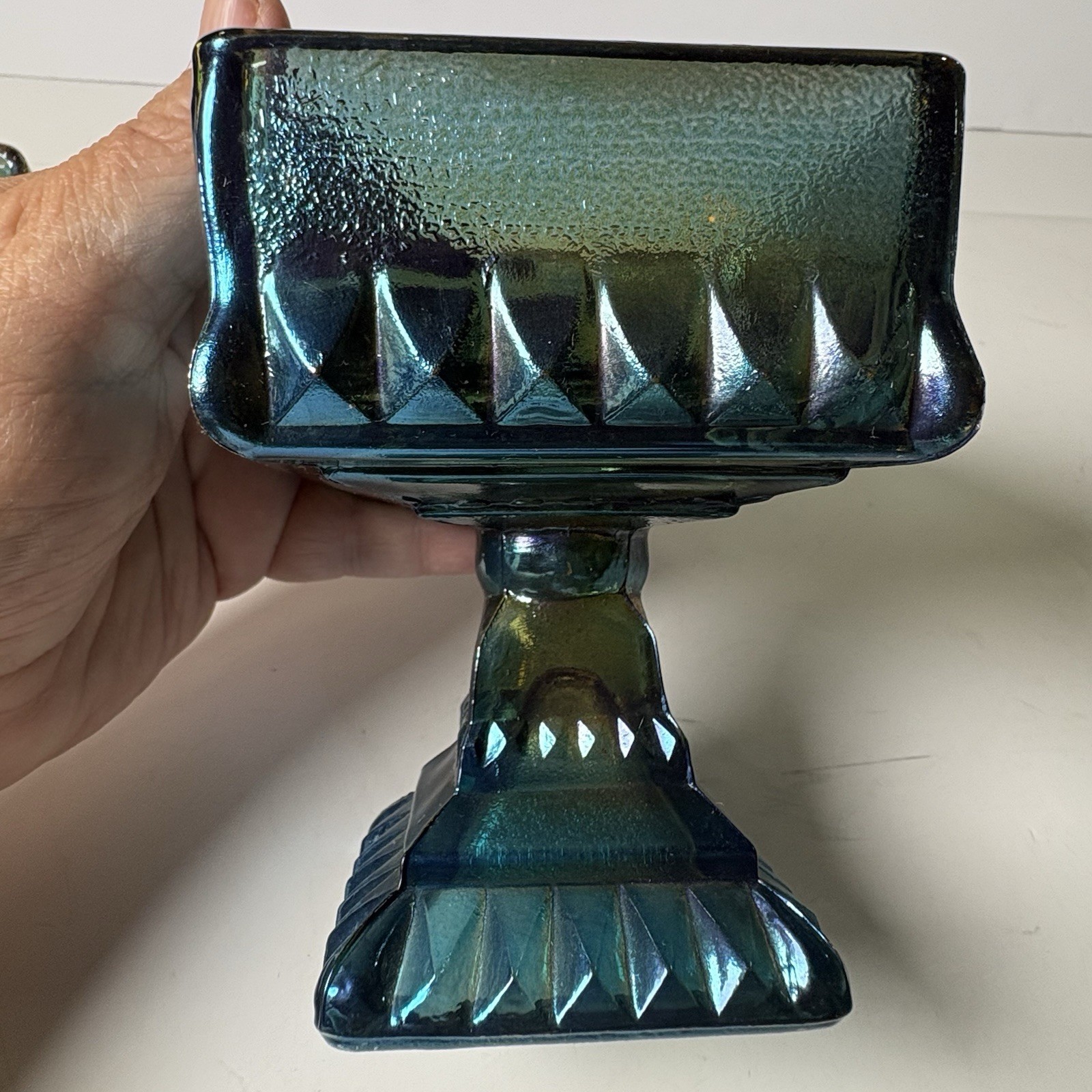 Vintage Jeannette Glass Wedding Cake Box Candy Dish Iridescent Blue Green 1960s