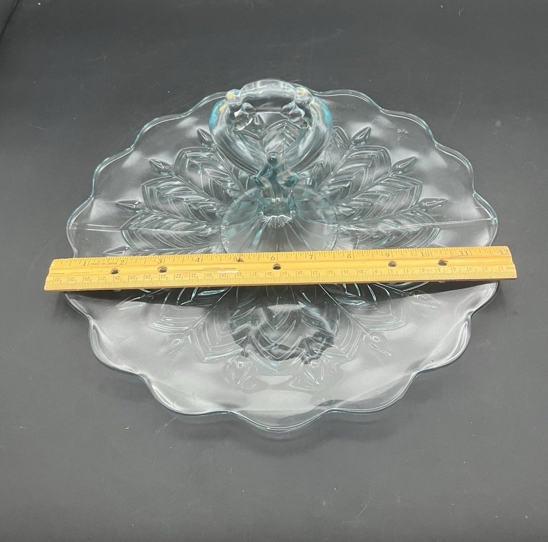Jeanette Serving Tidbit Tray Glass Feather Light Blue Keyhole Handle Vintage
