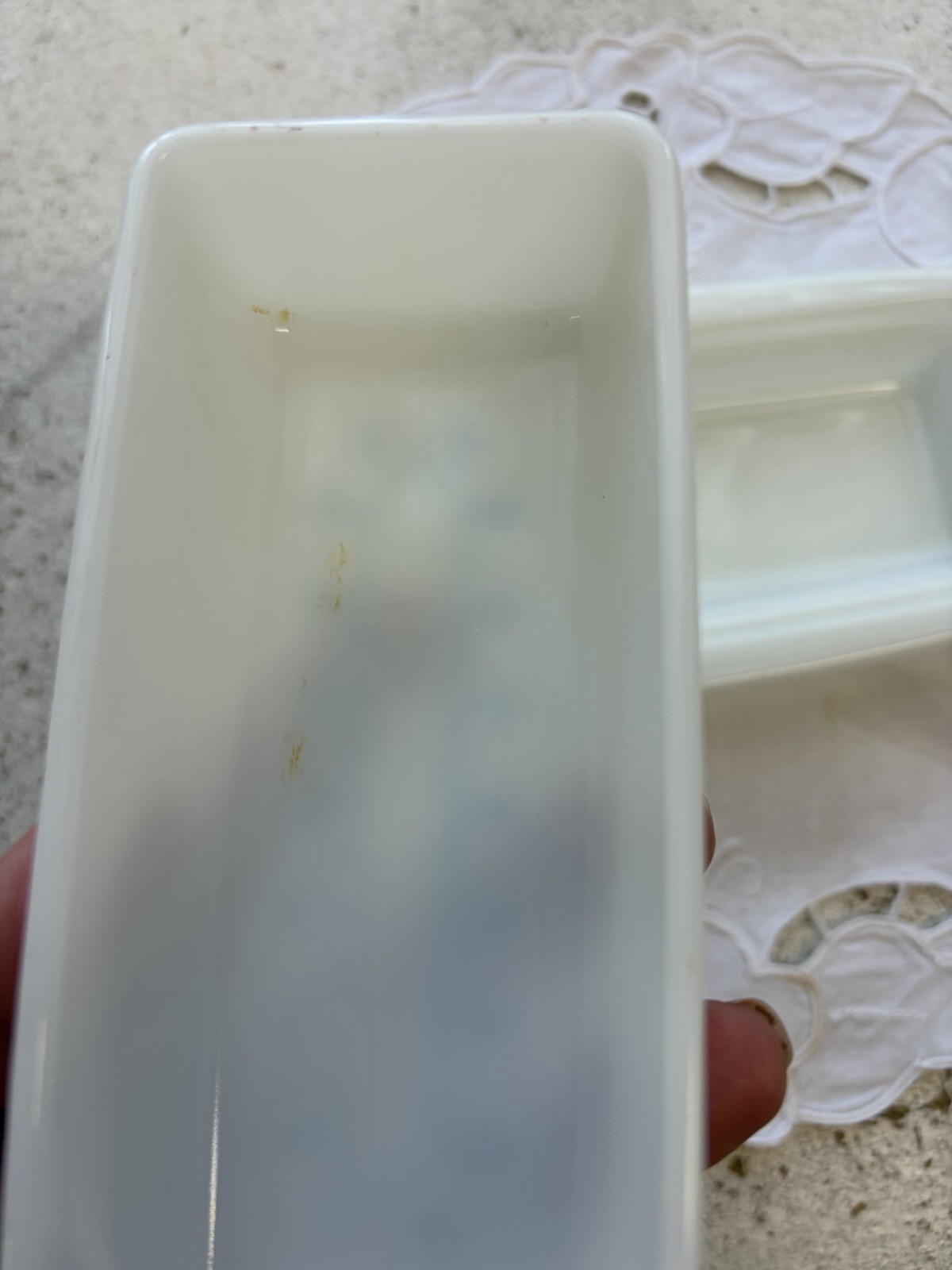 Vintage Pyrex Butter Dish Milk glass With Blue Snowflake Garland