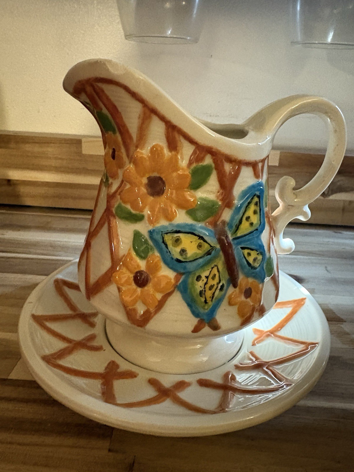 Ceramic Floral Butterfly Creamer Pitcher w/ Matching Saucer Glossy Handle 6″