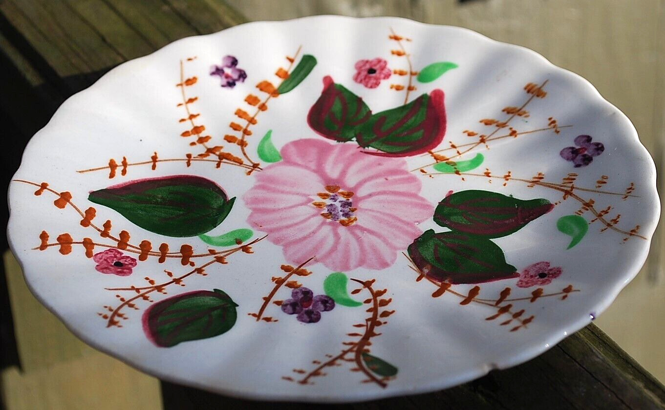 Antique Early Spongeware Plate Stick Spatter Ware HAND PAINTED FLORAL Swirl