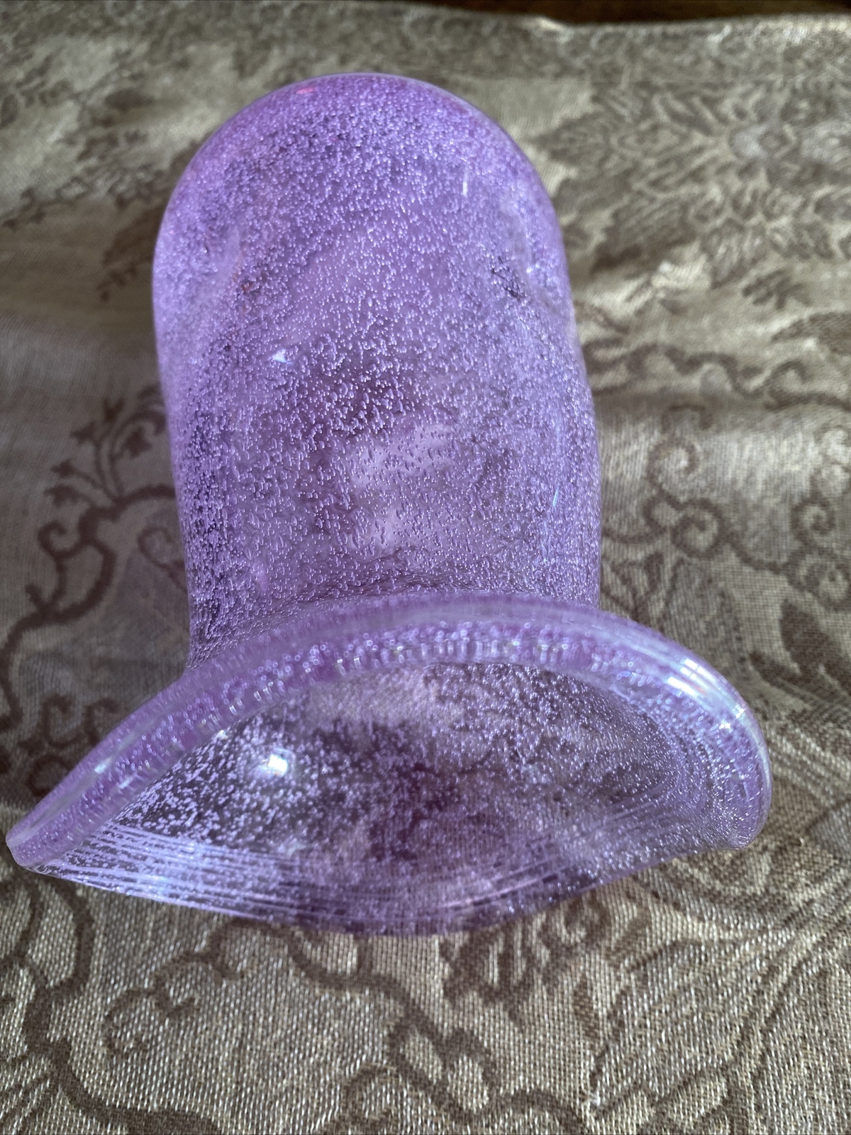 Hand Blown 6” Alexandrite Bubble Glass Vase Pinched Sides Flared Threaded Rim