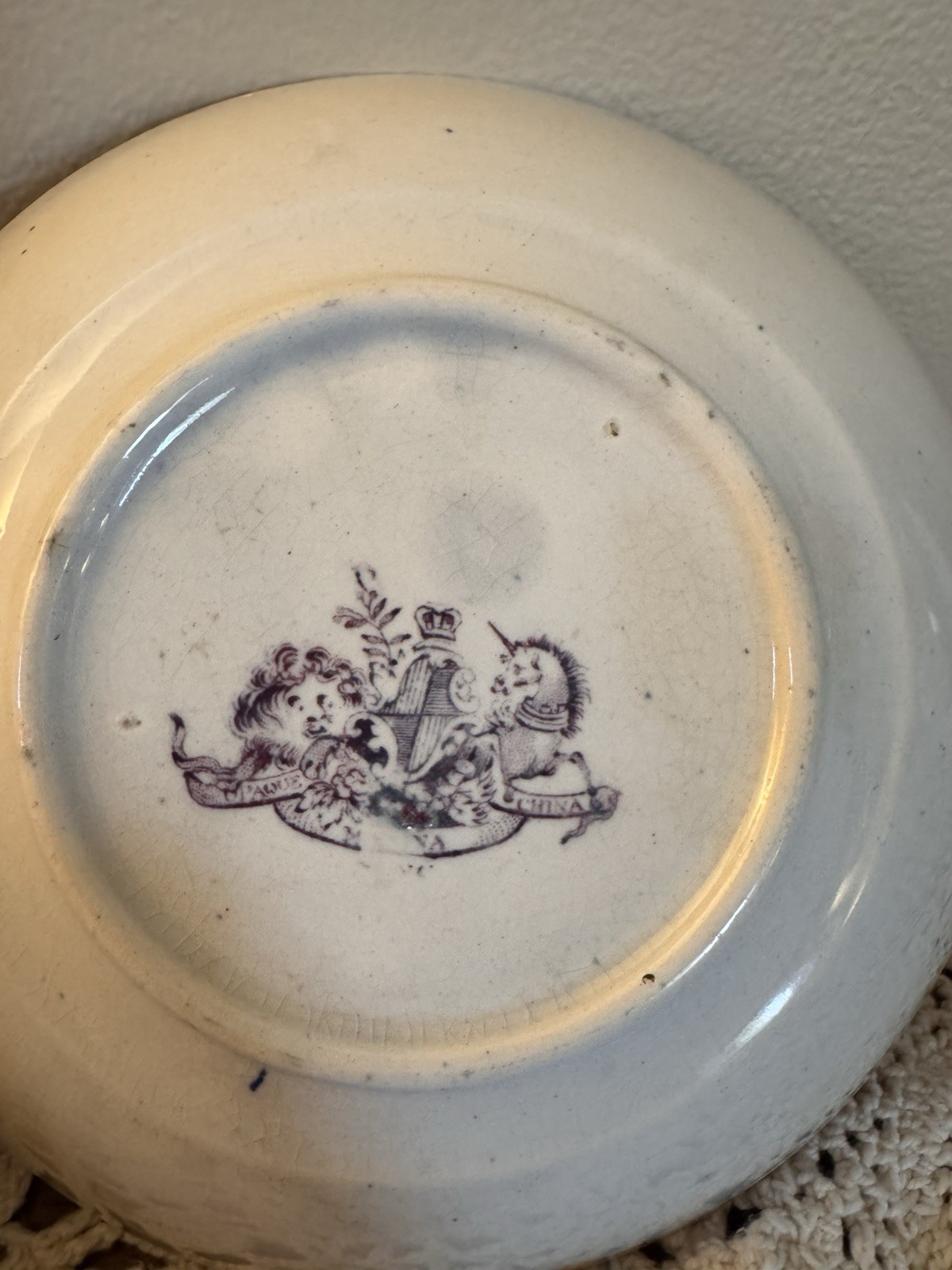 White & Purple Transferware Style Decorative Plate Scenic Church Floral Border