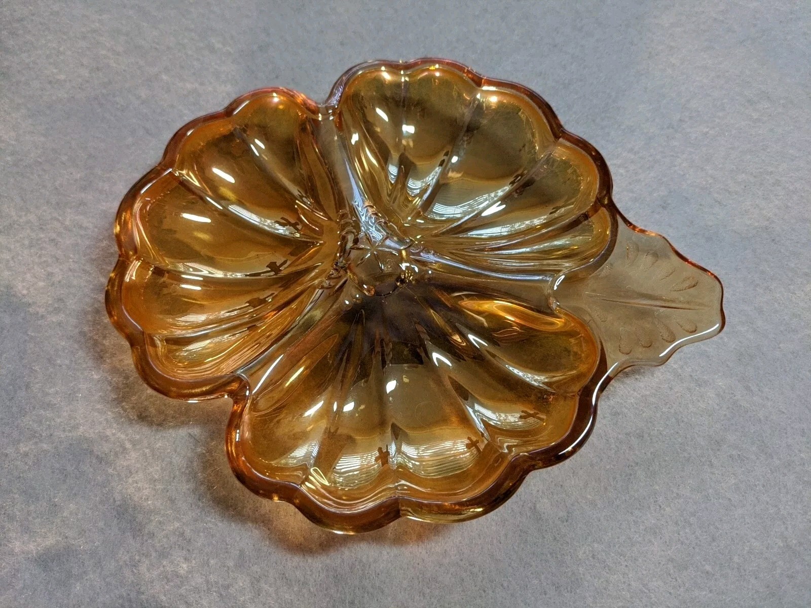 Vintage Amber Marigold Carnival Glass 3 Section Flower Leaf Candy Nut Dish