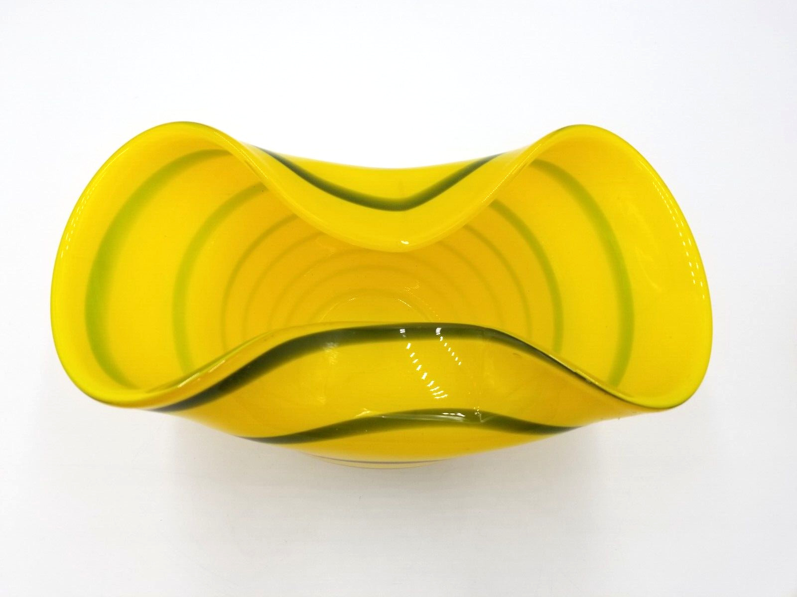 LARGE Art Glass Vase Hand Blown Yellow w Stripes Pinched Side Polished Pontil