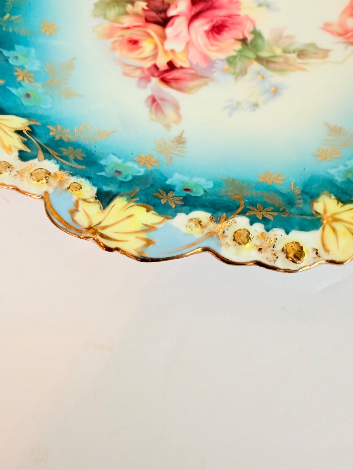 Bohemia Porcelain Hand Painted Rose Cabinet Plate Teal Blue Gold Gilt 9″