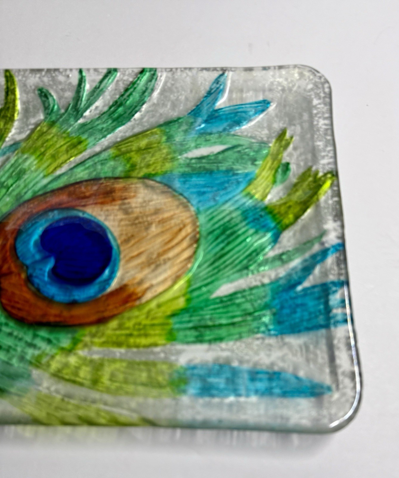 9 X 14” Fused Glass Peacock Feather Decorative Rectangular Platter Tray