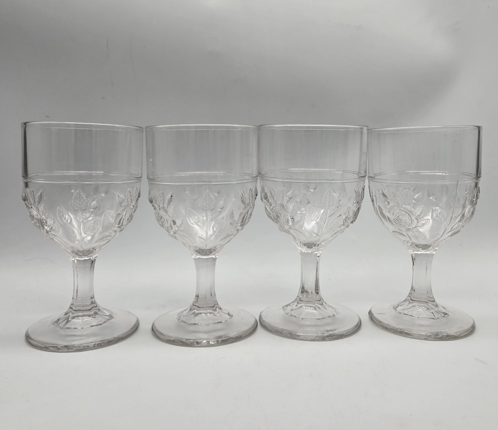 1870s Open Rose AKA Moss by Unknown Clear Glass Goblet Vtg Antique Set Of 4