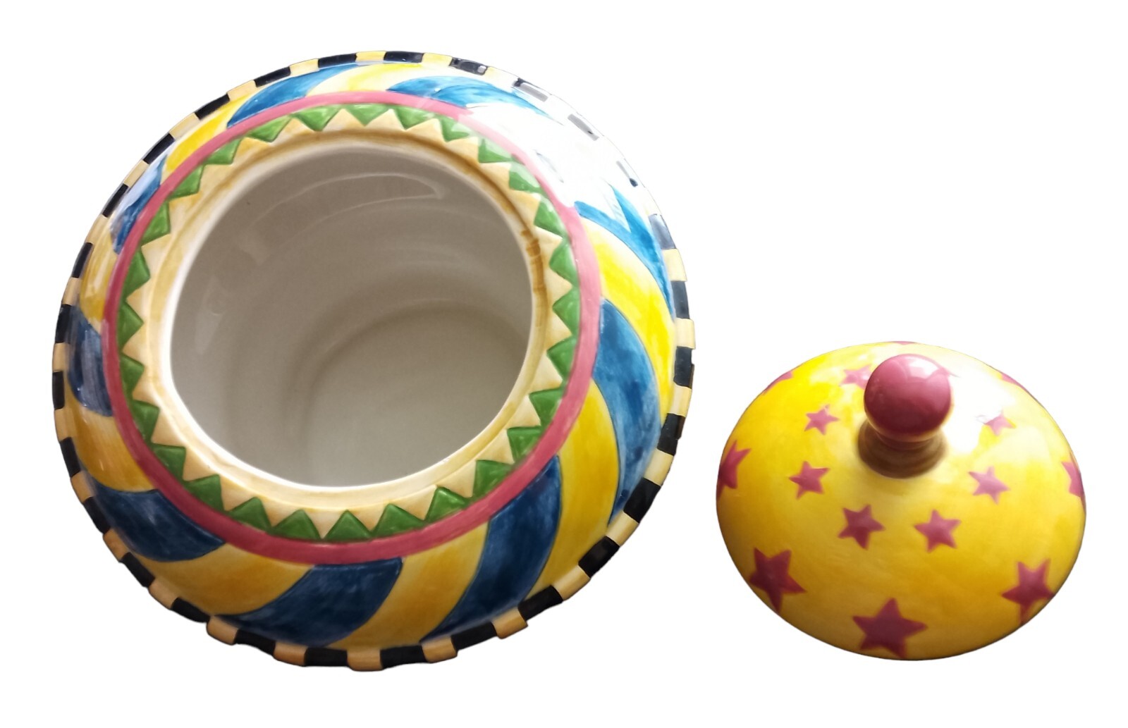 Vintage Vandor China 1997 colorful pottery slanted bowl 5” tall with lid jar