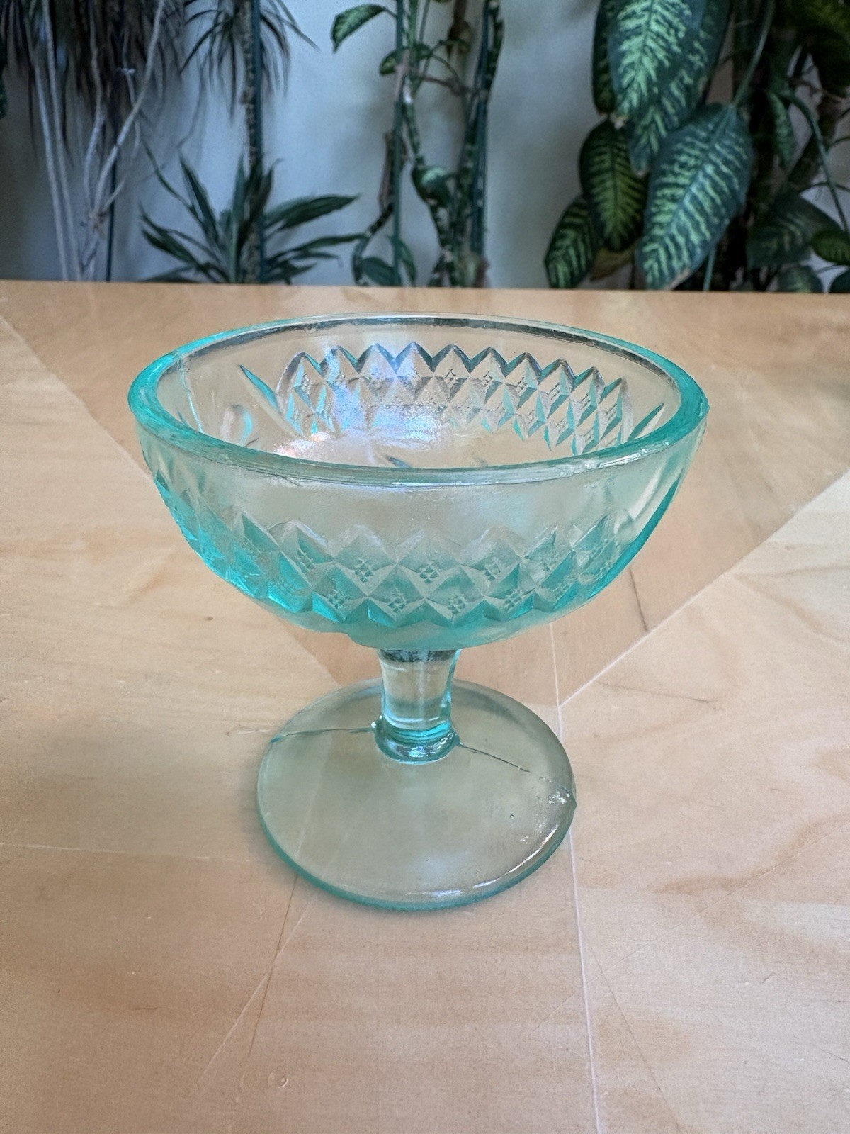 U.S. Glass Co Floral & Diamond Vaseline Green Sherbet Dessert Cups Set 10