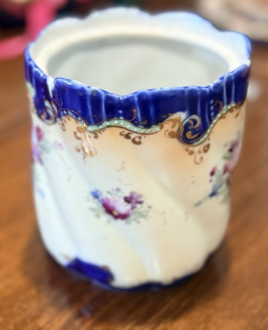 Antique Victorian Hand Painted Porcelain Jar Cobalt Blue Gold Gilt Floral