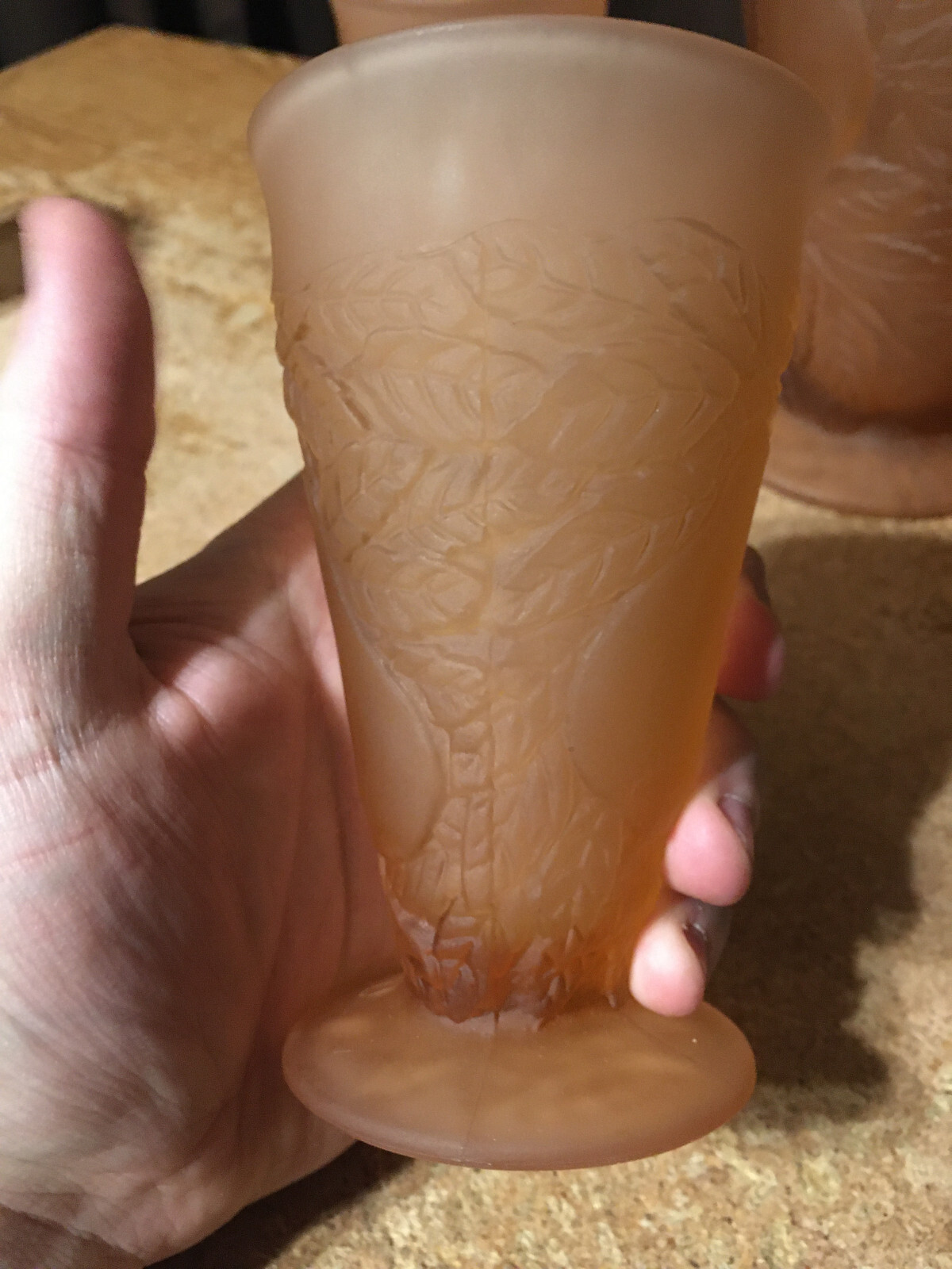 TIARA INDIANA GLASS CORAL SWEET PEAR GLASS PITCHER & 4 TUMBLERS GLASSES