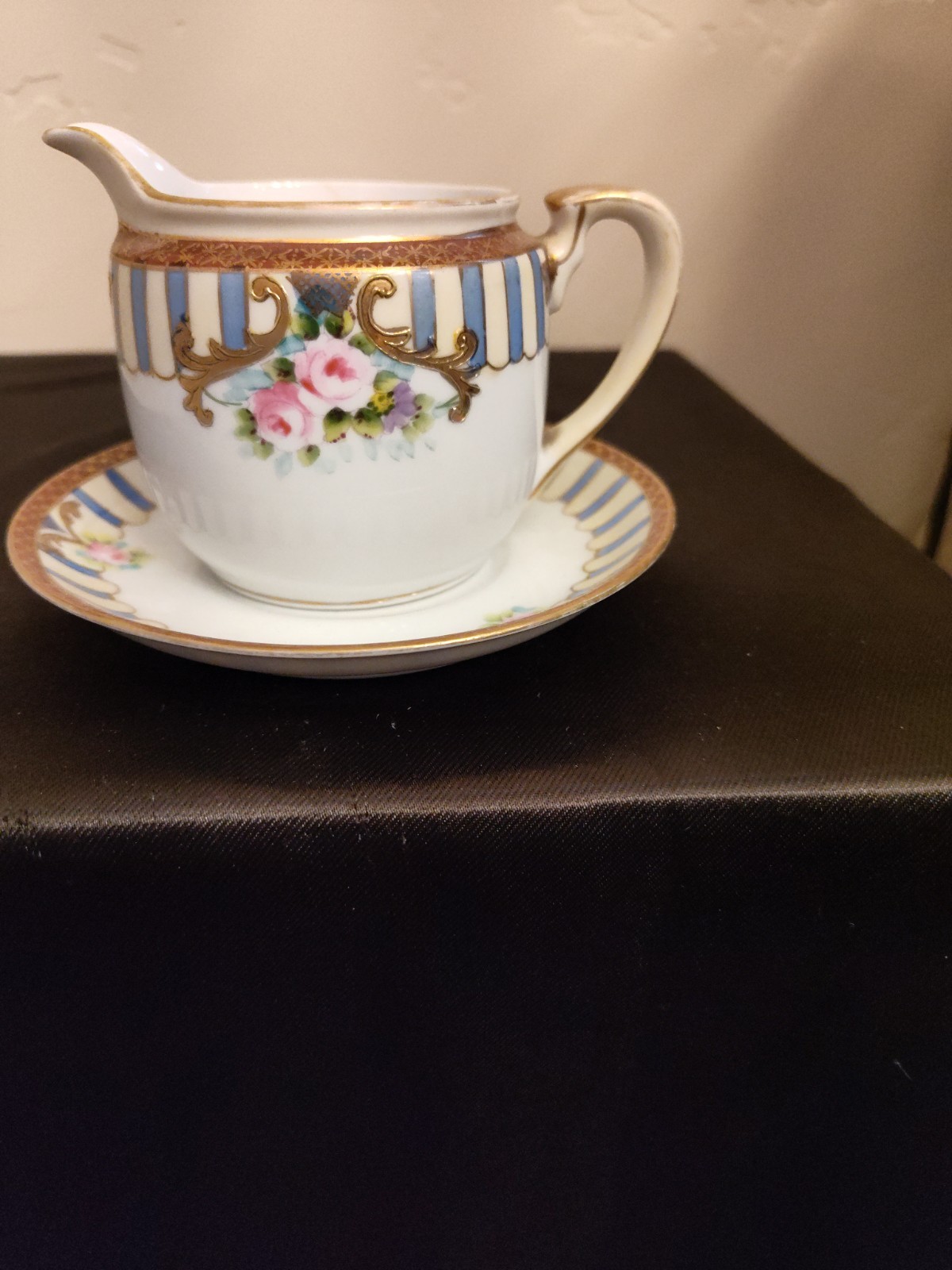 Nippon Porcelain Hand Painted Creamer And Saucer W/ Rose Design, Gold Trim