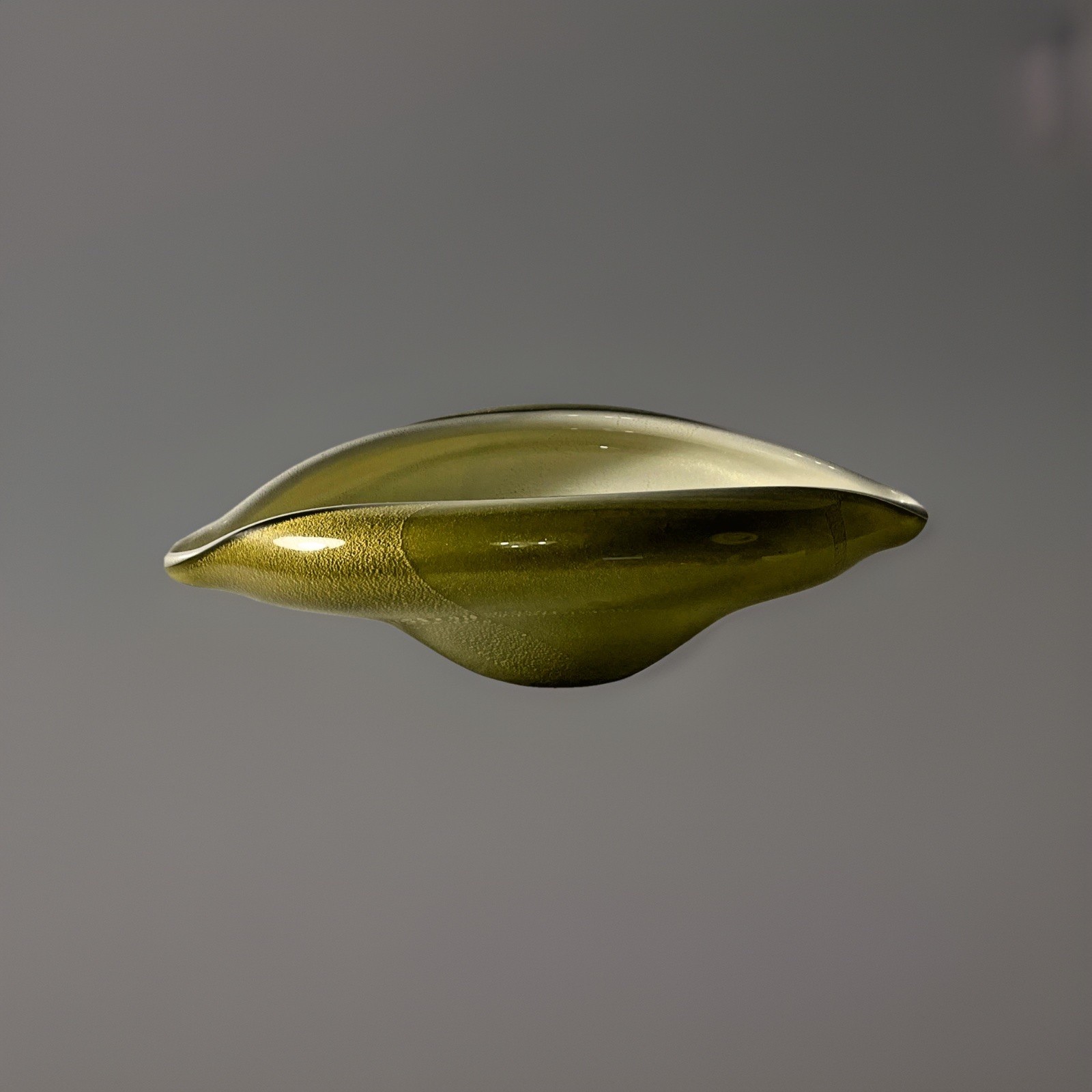 Mid Century Murano Olive Green Gold Fleck Leaf Barbini? Large Modernistic Bowl