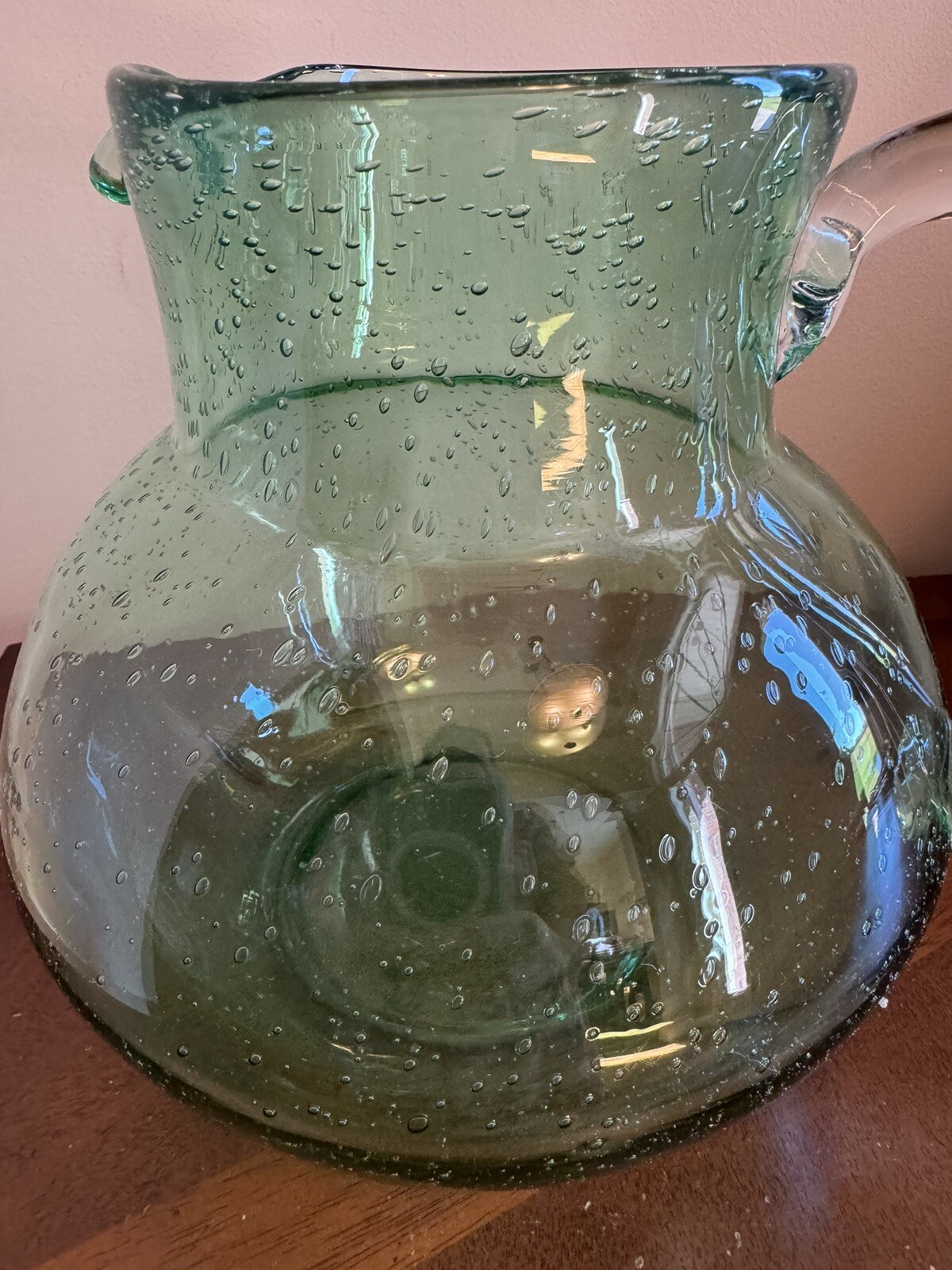 END 7/23 Large Hand Blown Green Bubble Glass Pitcher Heavy Applied Handle Seeded