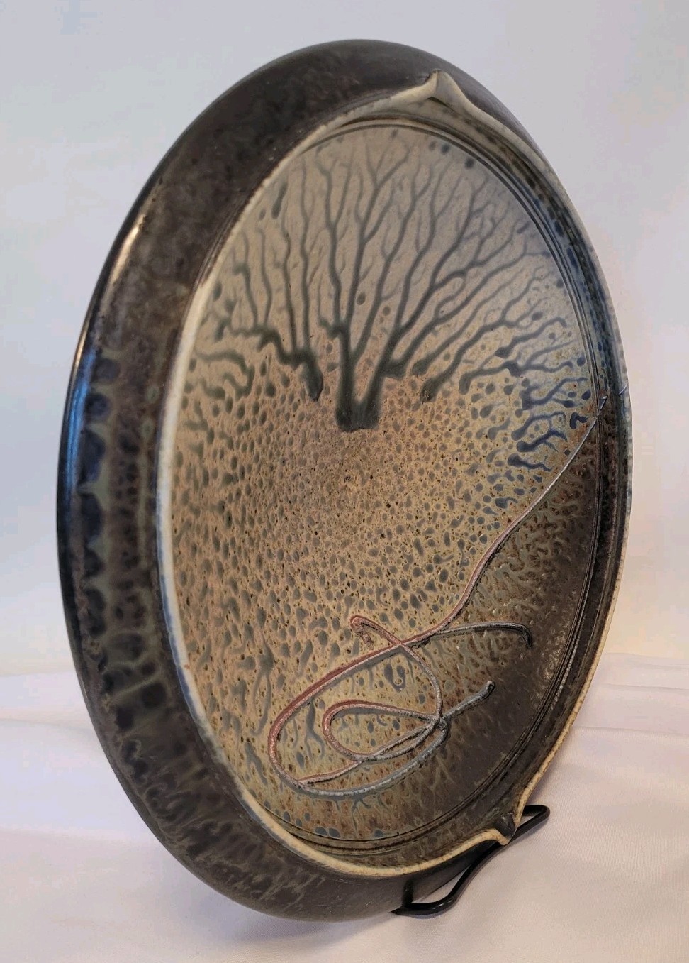 Signed Richard Aerni 1992 Glazed Stoneware Pottery Bowl 13.5″ Diameter, Crack