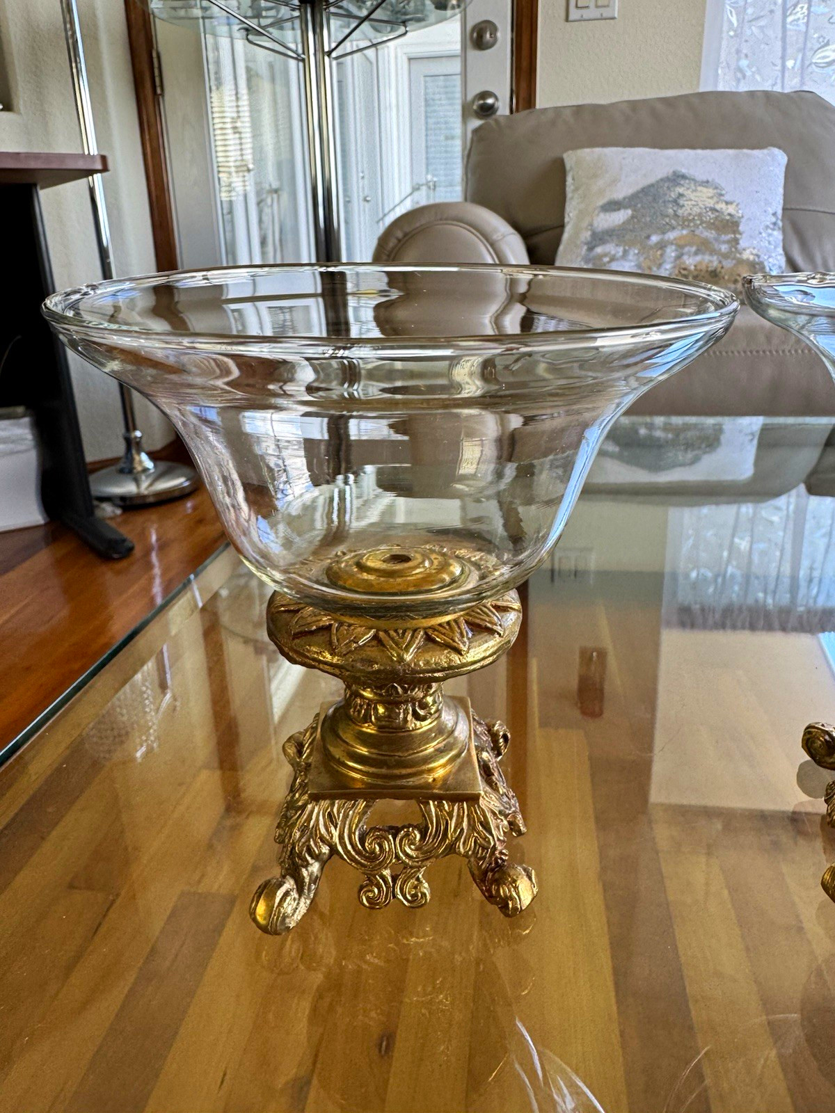 Set of 2 Brass Pedestal w/Round Clear Glass Compote Bowls 6.25”H