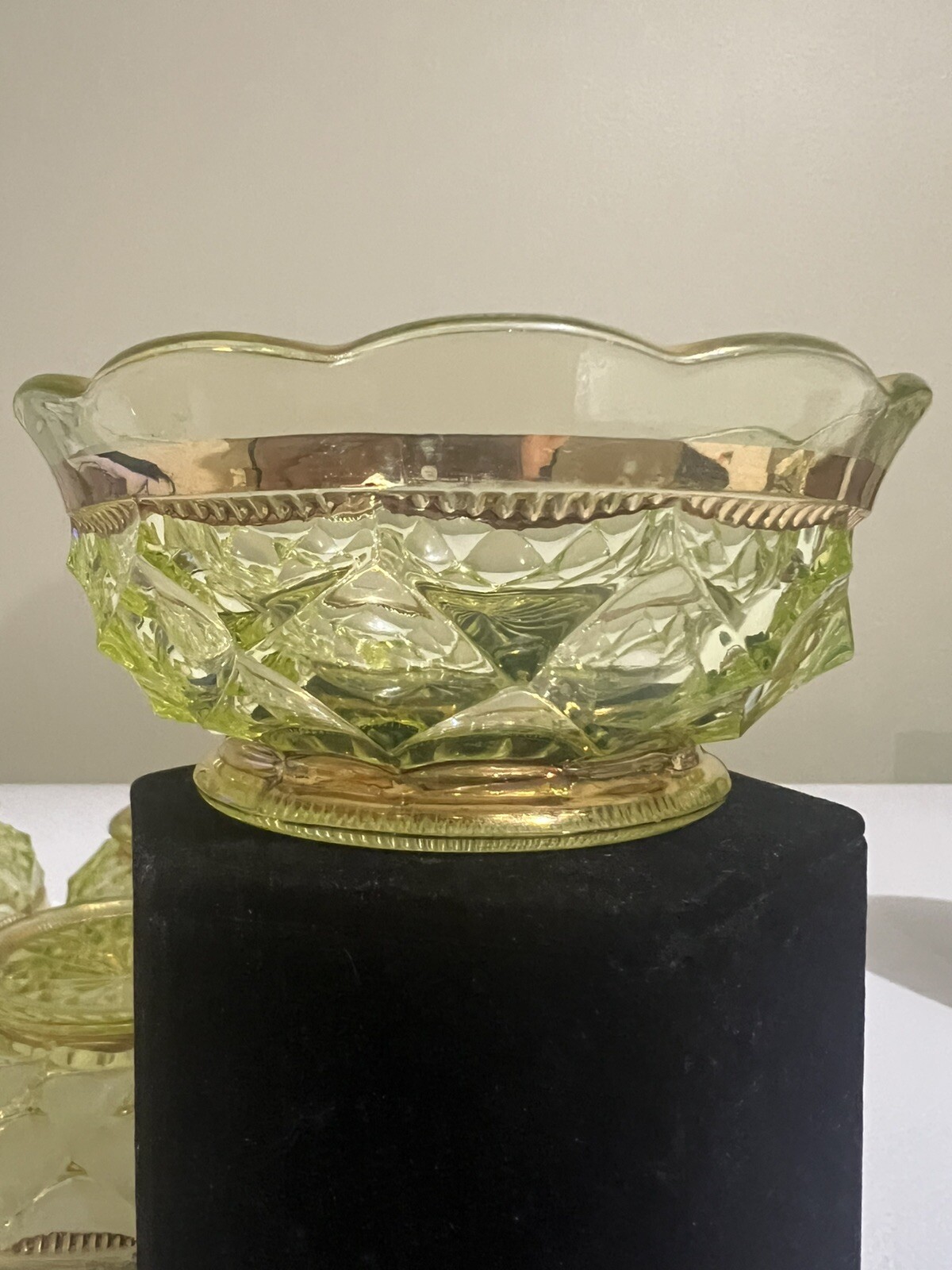 Antique Beaumont Glass Co #100 Columbia Vaseline UV Glass Berry Bowls Gold Trim