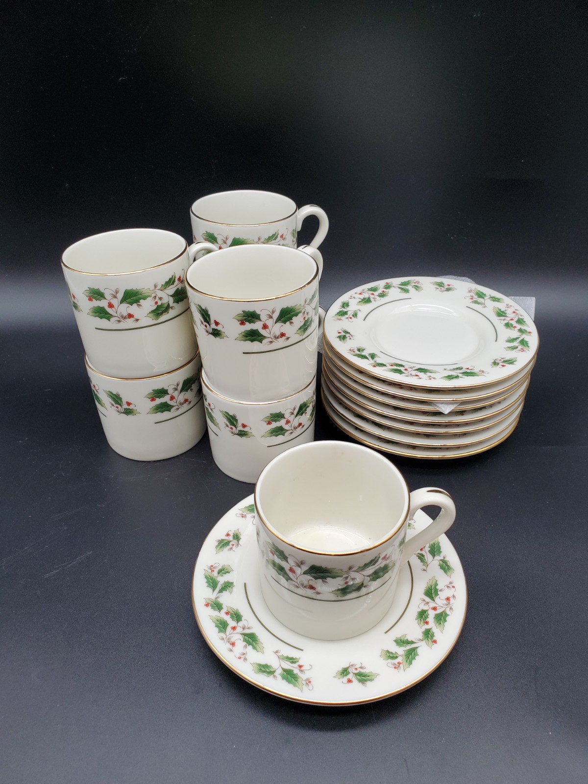 Fine China Holiday Tea Cups and Plates 7 cups 8 plates