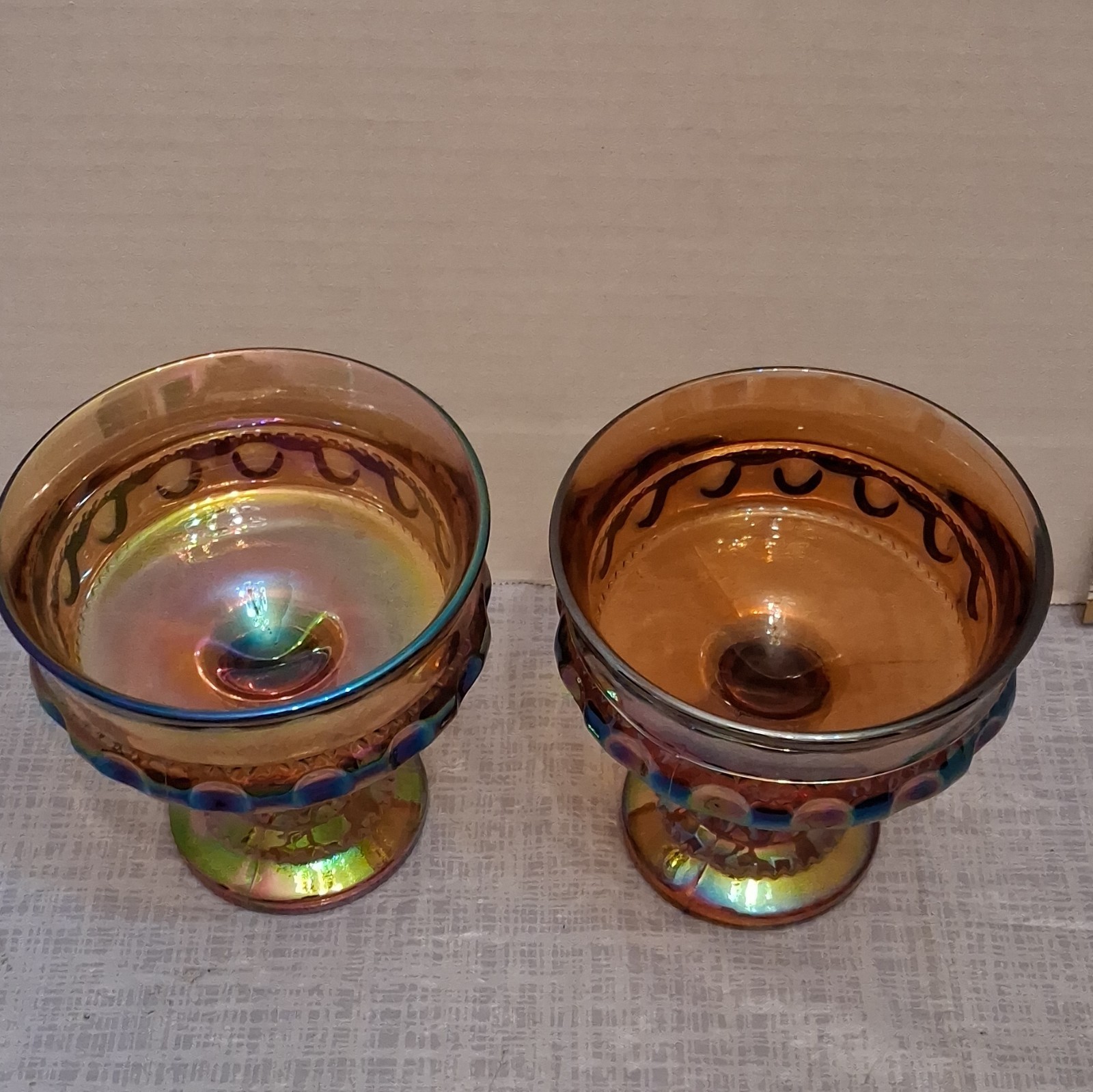 Amber Iridescent Carnival Glass Pedestal Compote Bowls, 5 in Height, Set of 2