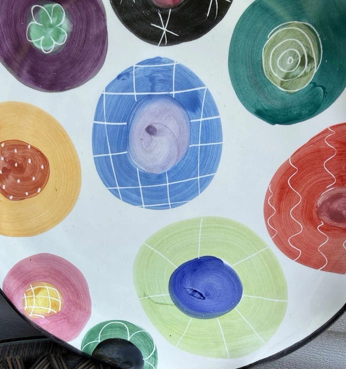 Jan Pugh Signed Art Pottery Plate Platter Hand Painted Ruffled Edge Whimsical
