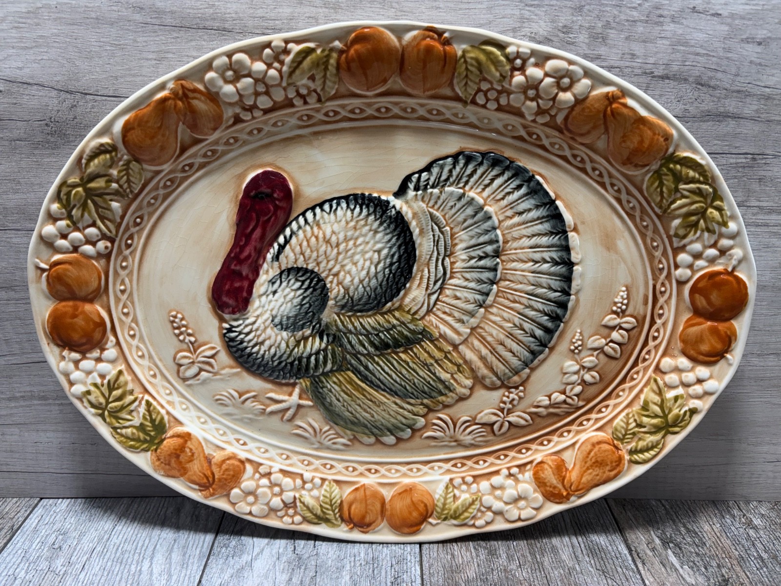 Vintage Sakakibara MCM Turkey Platter Oval Ceramic Embossed Hand Painted Japan