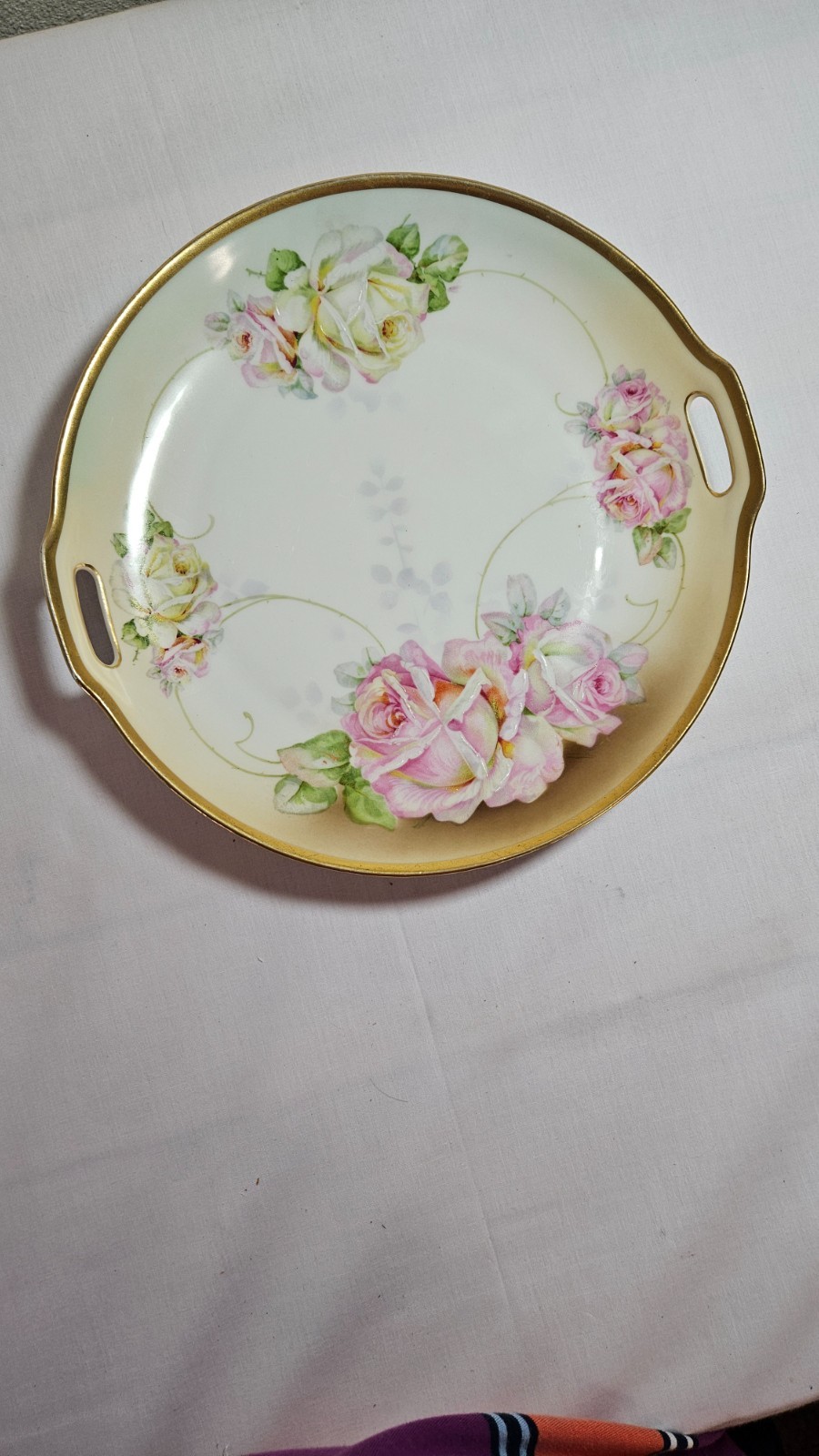Vintage J. S.V. 10.25 in porcelain cookie/cake plate handpainted roses