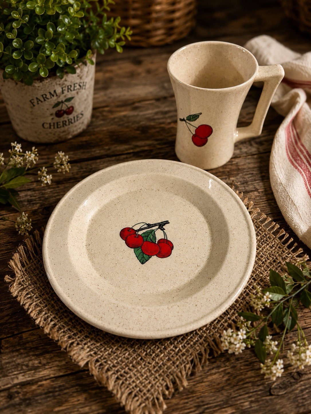 Unmarked Stoneware Luncheon Plate Round Glossy Cherries Beige Red Green