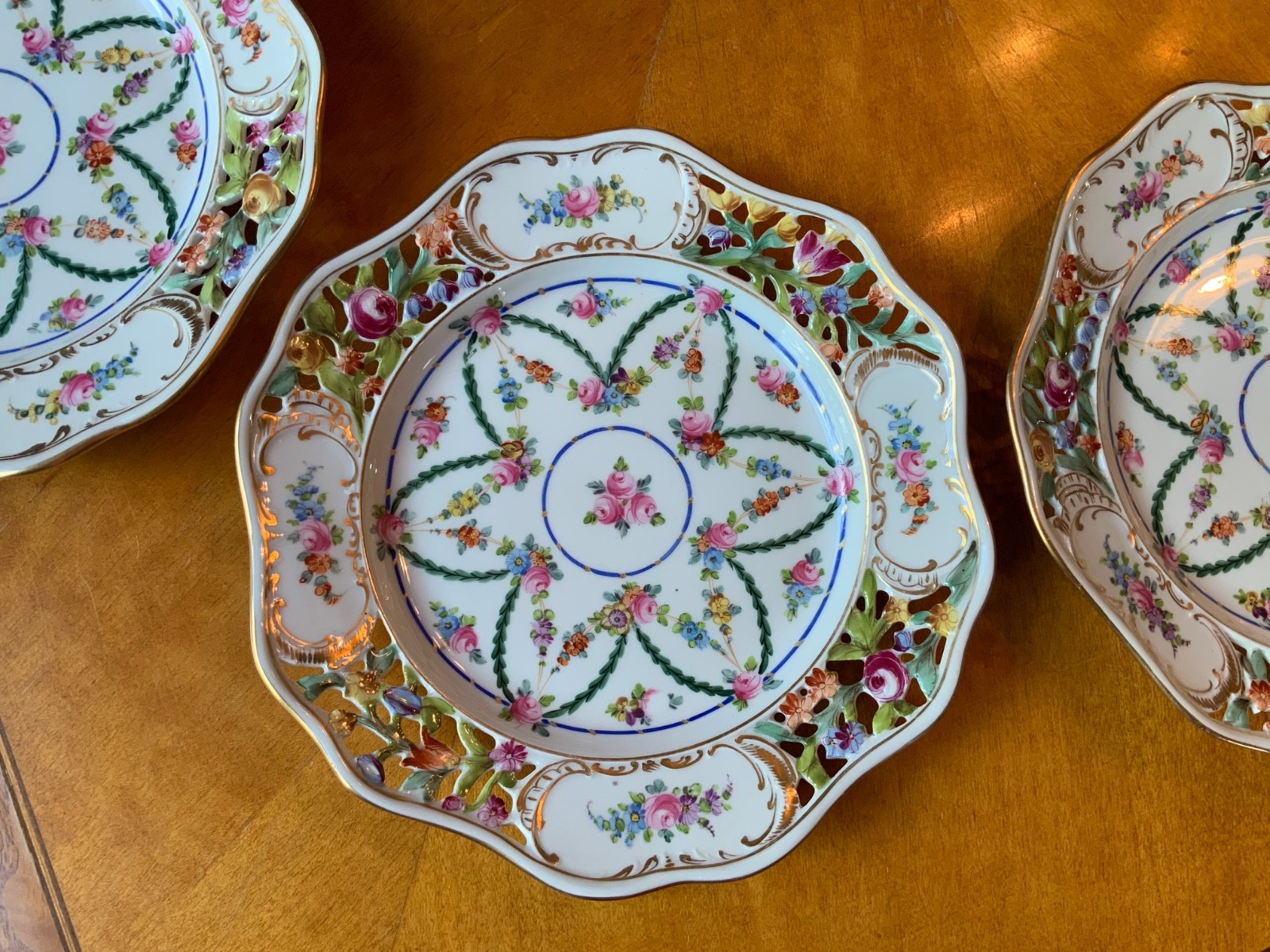 Antique Carl Thieme Dresden Basketweave Dessert Service – 8 Plates & Compote