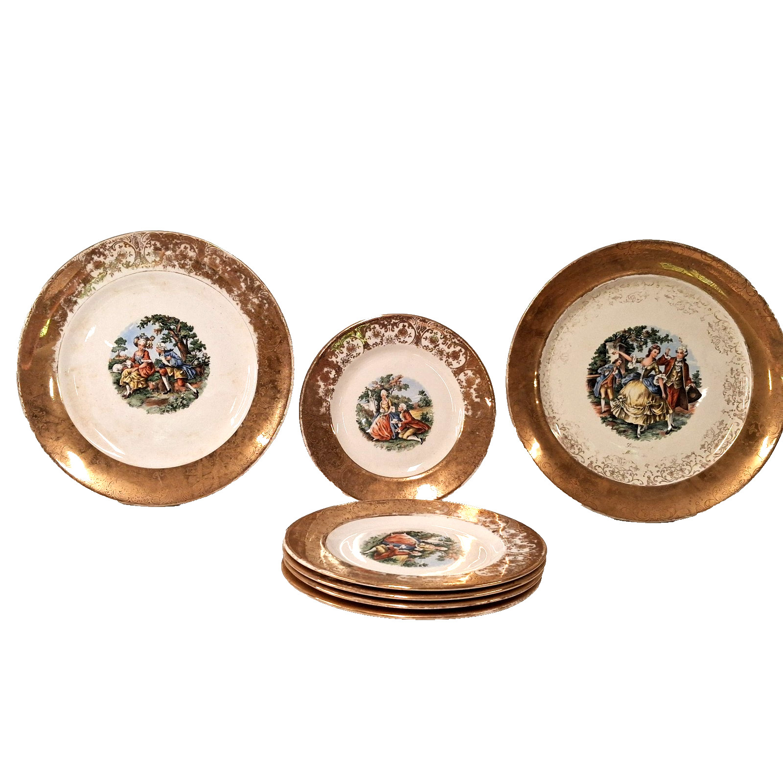 Sabin Crest O Gold Plates 22K Gold Trim Pastoral Scene Vintage China Set