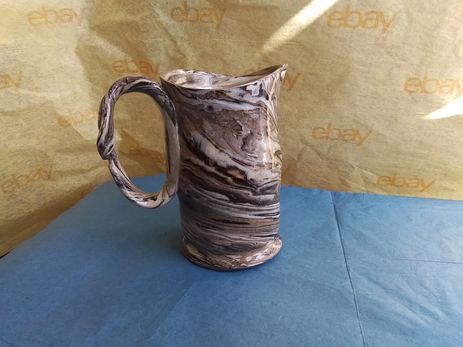 Handcrafted Agateware Pottery Pitcher, Asymmetrical, Multicolor, 4.5″H, Unsigned