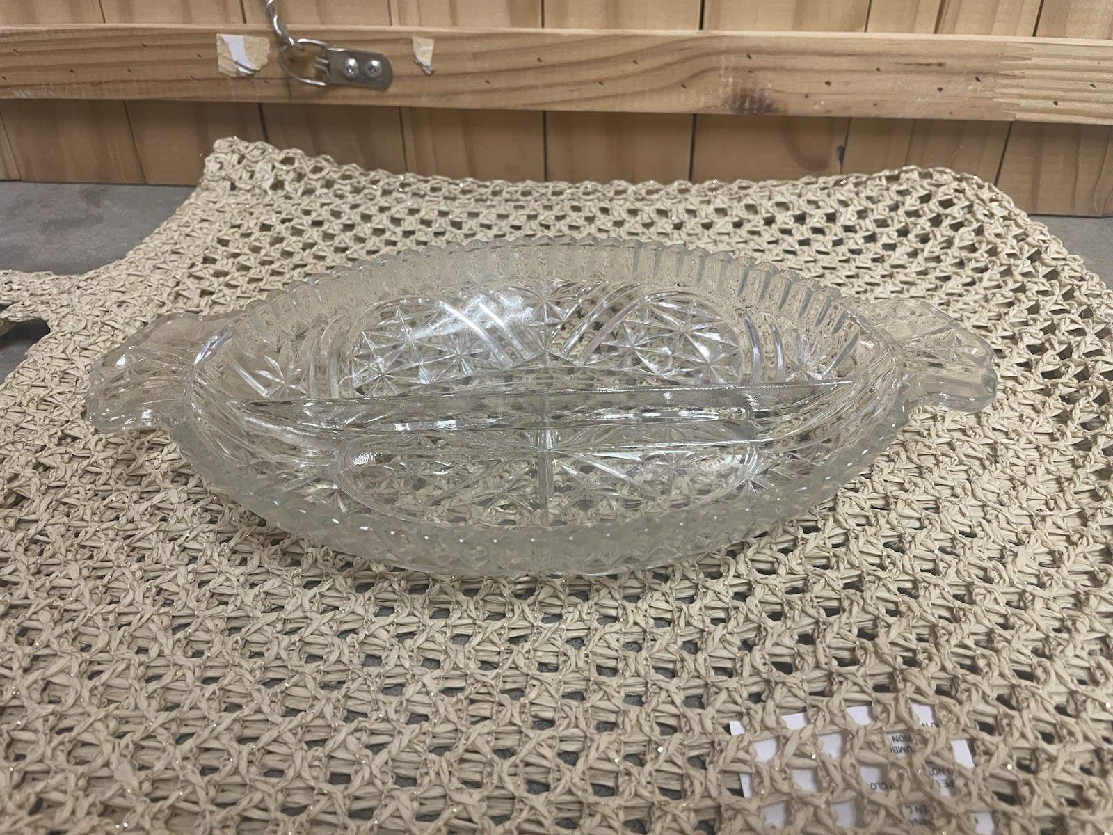 Oval Divided Clear Pressed Cut Glass Relish Candy Dish with Handles 10” Vintage