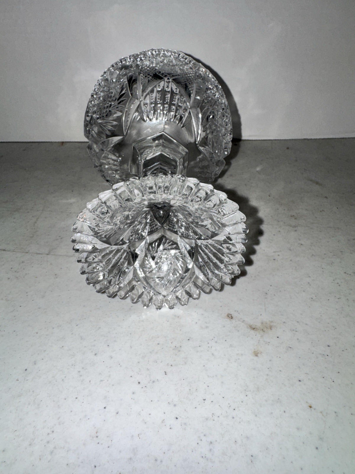 Vintage Cut Glass Pedestal Compote Candy Dish Sawtooth Rim Star Pattern
