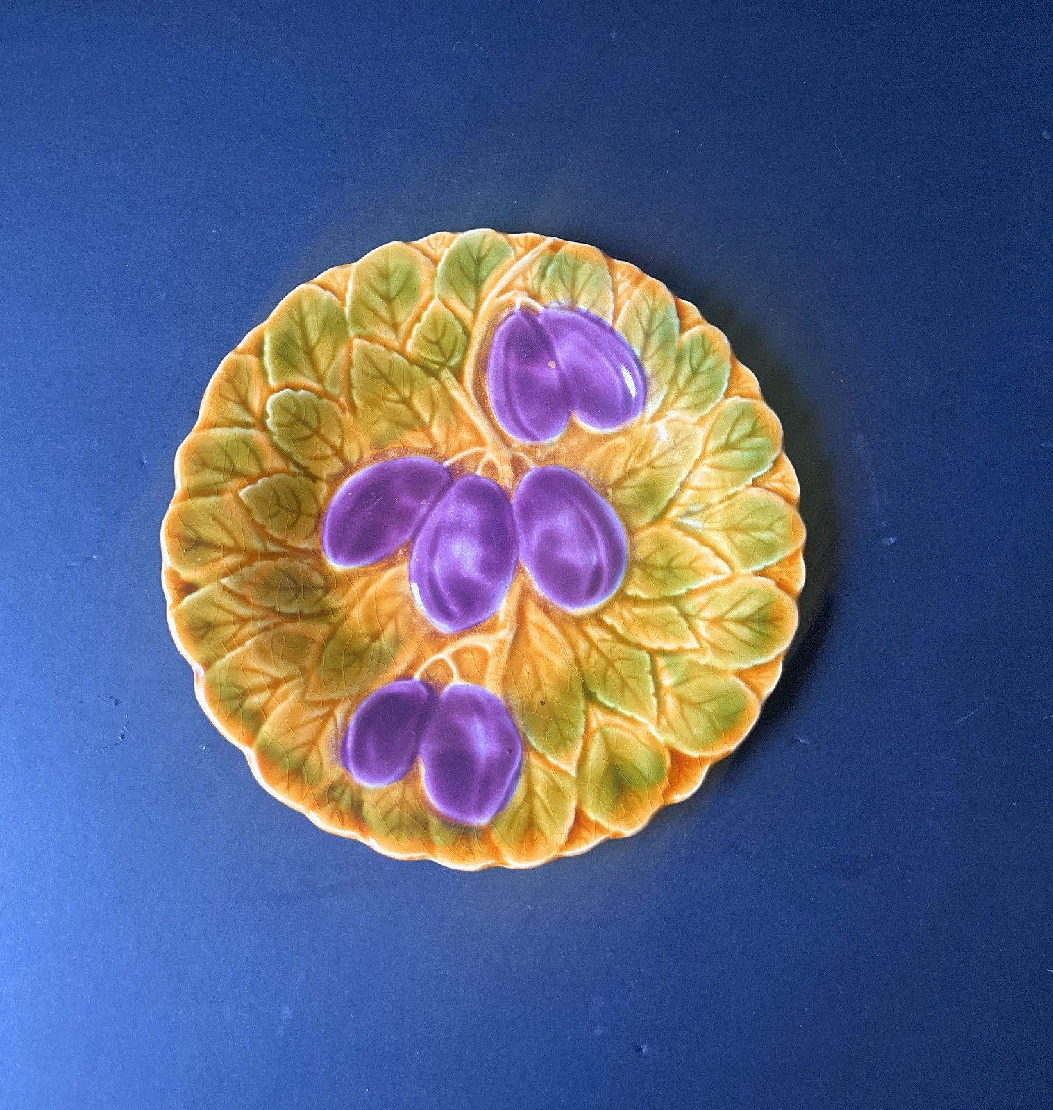 Vintage Sarreguemines Majolica Fruit Plate Plums and Leaves France 1920-1950
