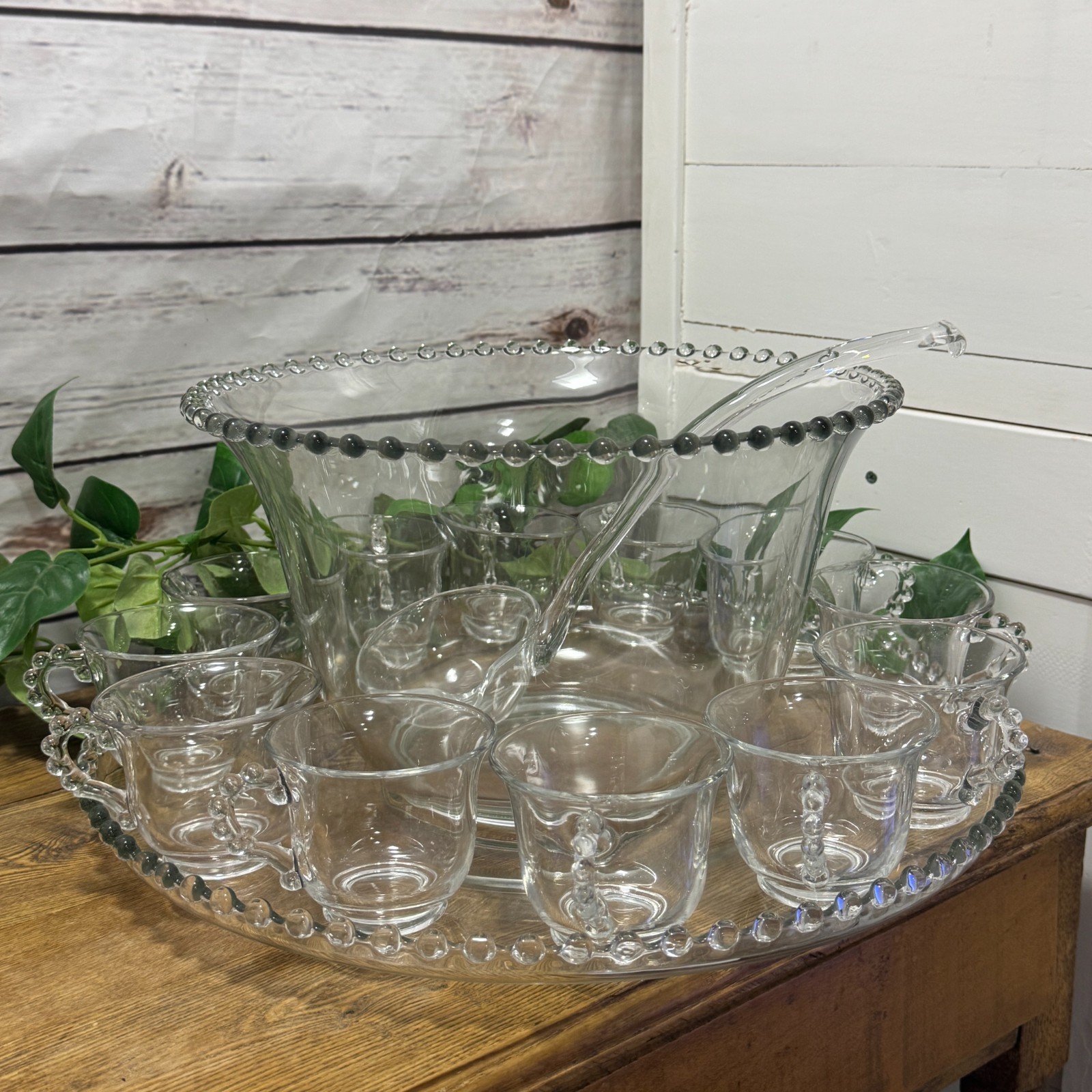 Imperial Candlewick Clear Glass Punch Bowl Ladle Underplate 12 Cups Complete Set