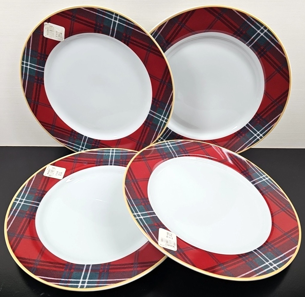 4) Williams Sonoma Gold Banded Tartan Dinner Plates Set Plaid Serving Dishes Lot