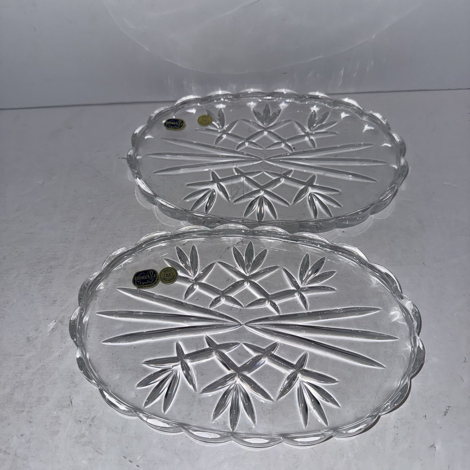 VTG Heavy Crystal Hand Cut Bohemian Scalloped Condiment Dish Ashtray Small 8 in