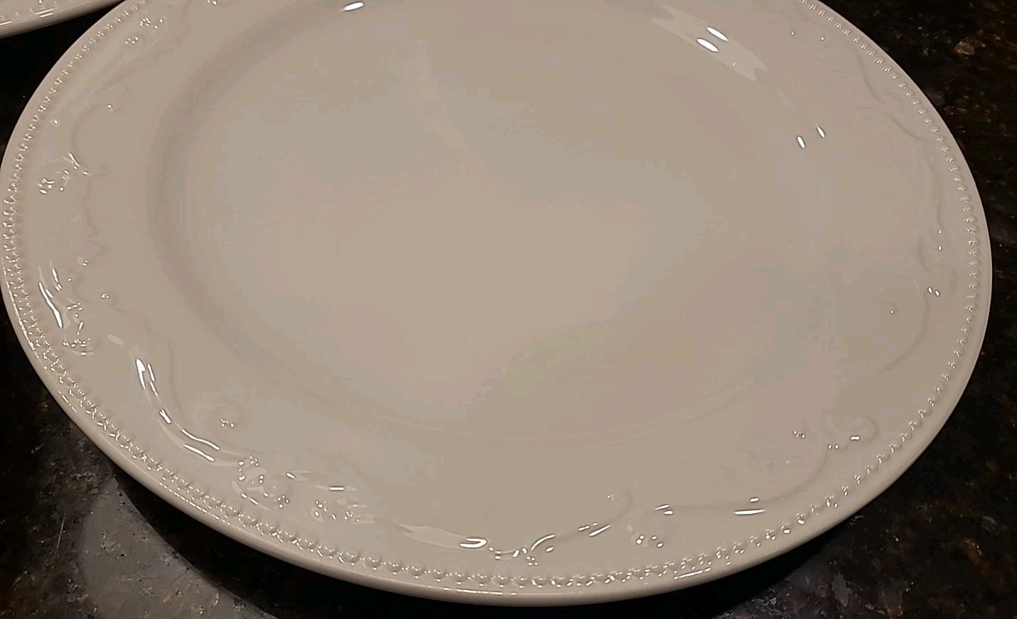 SET (3) Mesa International 11 7/8″ Dinner Plates. White Embossed Dots & Scrolls
