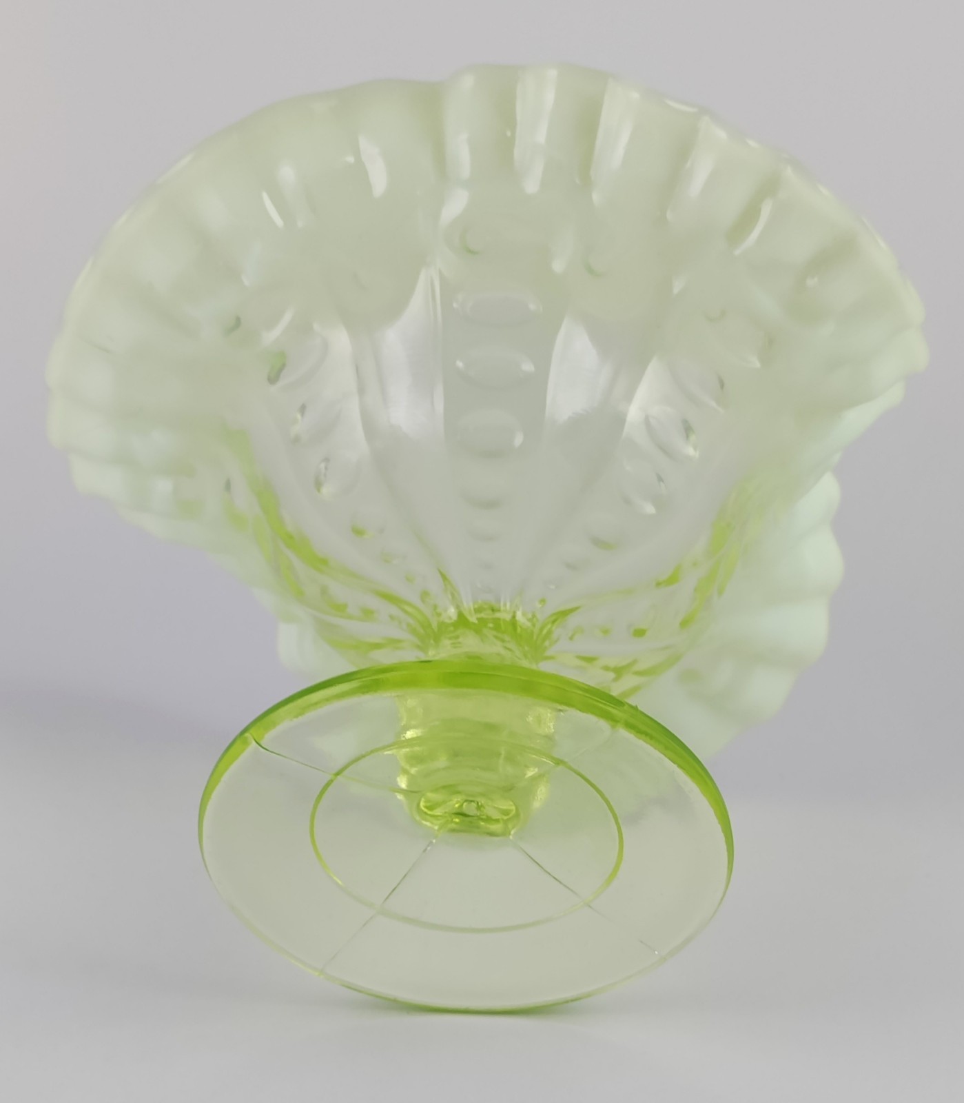 Antique Dugan Canary Opalescent Vaseline Glass Coin Spot Compote UV Glow