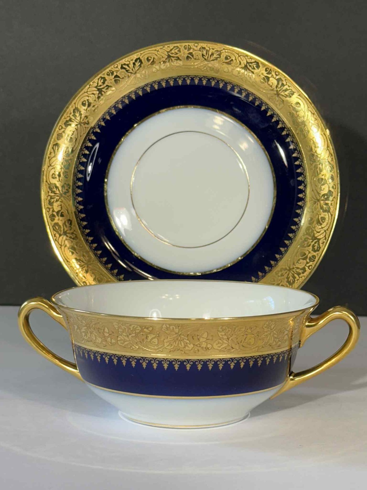 Antique P. Porschaud Limoges France Consommé Cup & Saucer Cobalt Blue Heavy Gilt