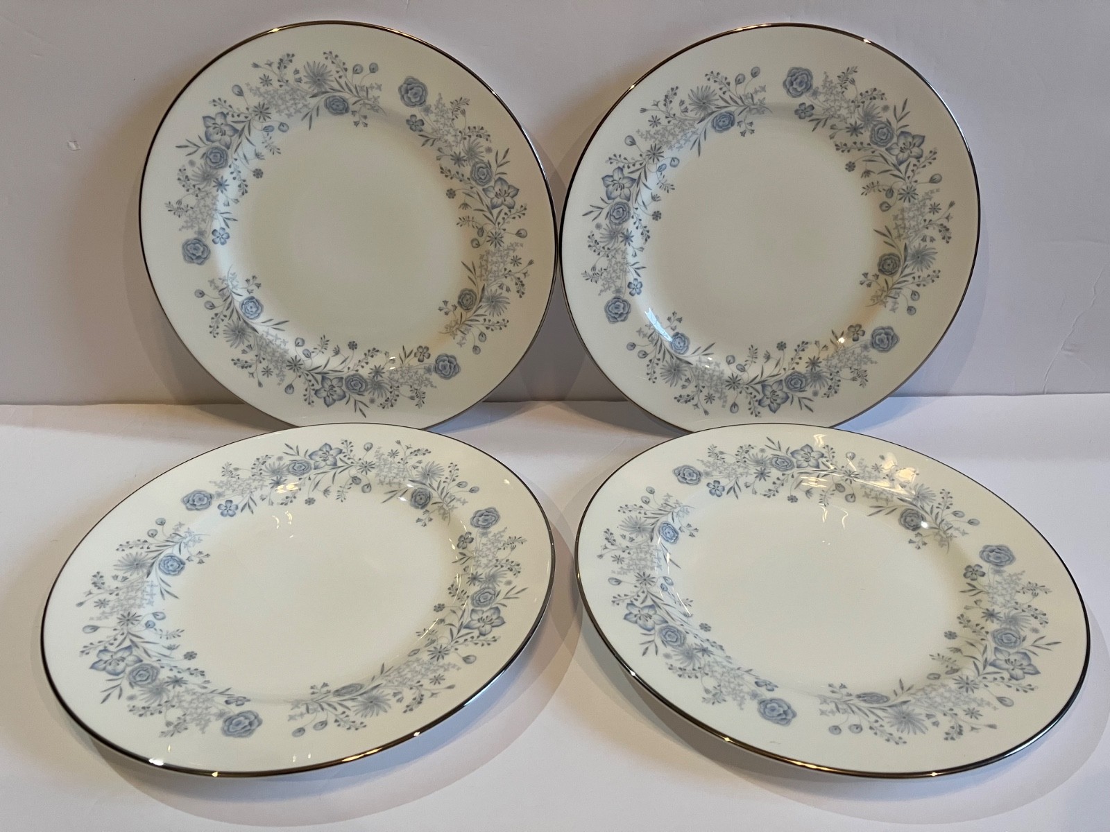 Wedgwood Belle Fleur China Salad Plates 8″ Platinum Edge Blue & White Set of 4