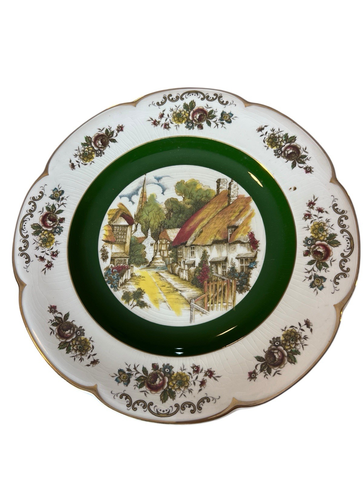 Vintage Woods and Sons Ascot Ironstone Plate: English Village Scene, Gold Trim