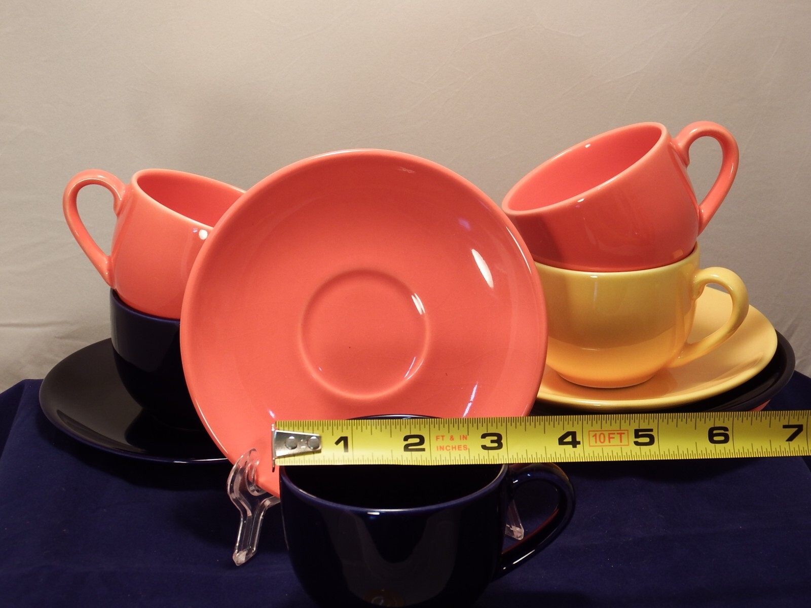 VISTA ALEGRE KERATABLE COBALT BLUE YELLOW ORANGE (5) CUPS & SAUCERS EXCELLENT