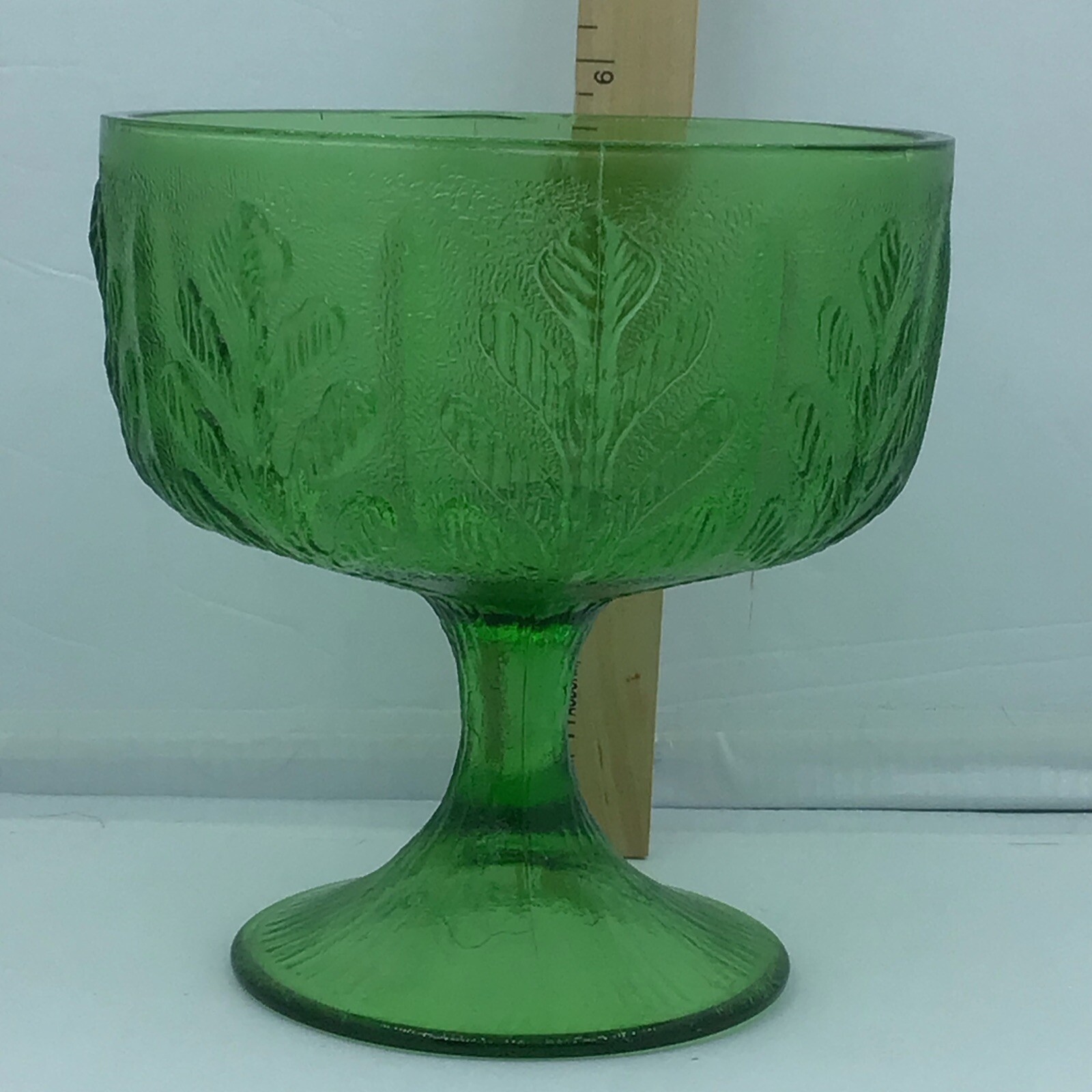 FTD Green Glass Vintage Pedestal Bowl Impressed Oak Leaf Design